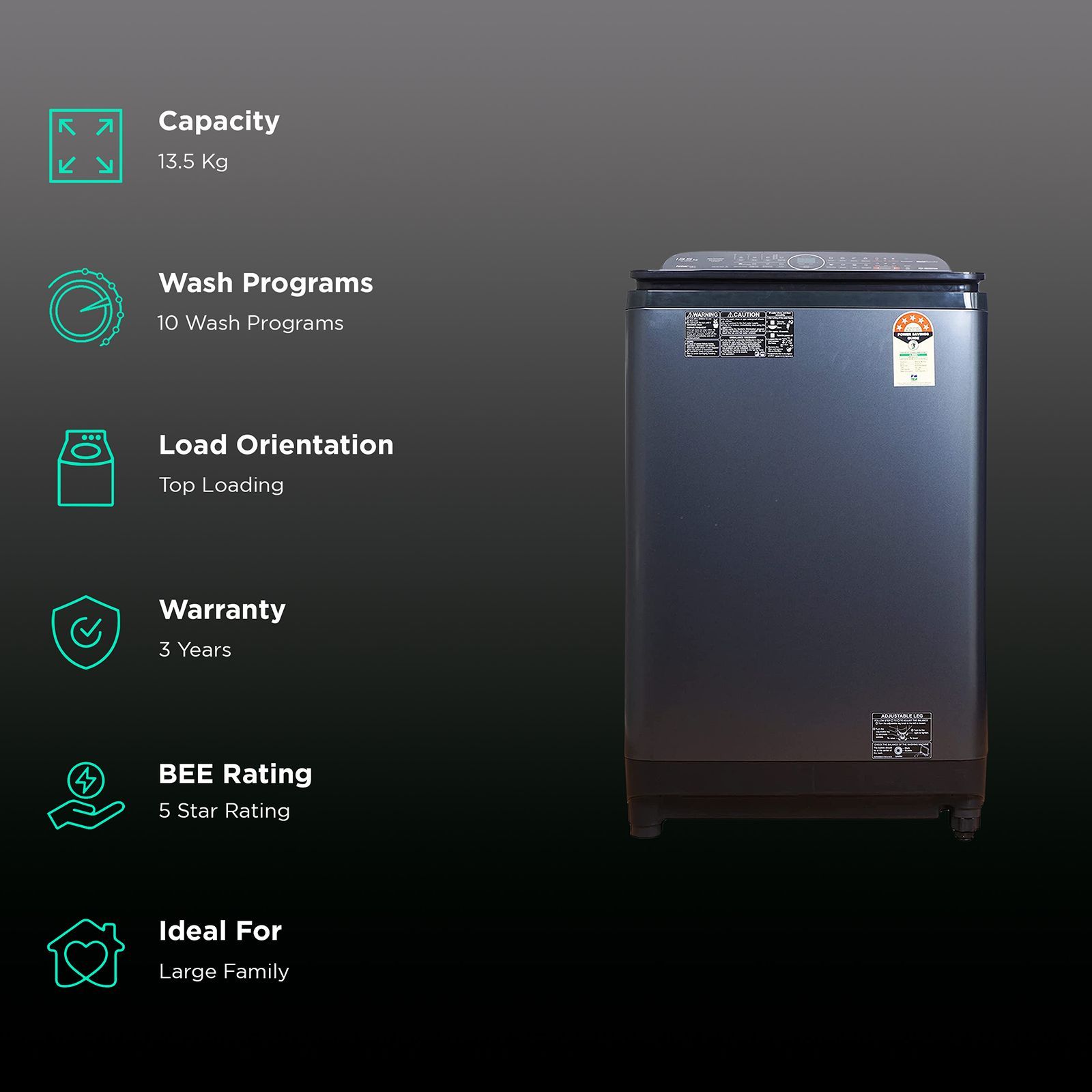 Panasonic 13.5 kg Inverter Fully Automatic Top Load Washing Machine (NA-FD135V1BB, In-built Heater, Black Silver)_2