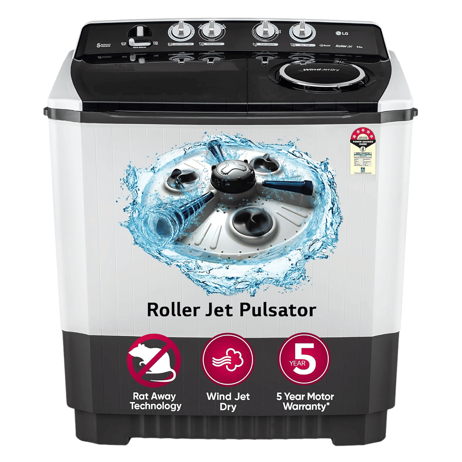 LG 9.5 kg 5 Star Semi Automatic Washing Machine with Roller Jet Pulsator (P955ASGAZ.ADGQEIL, Dark Grey)_1