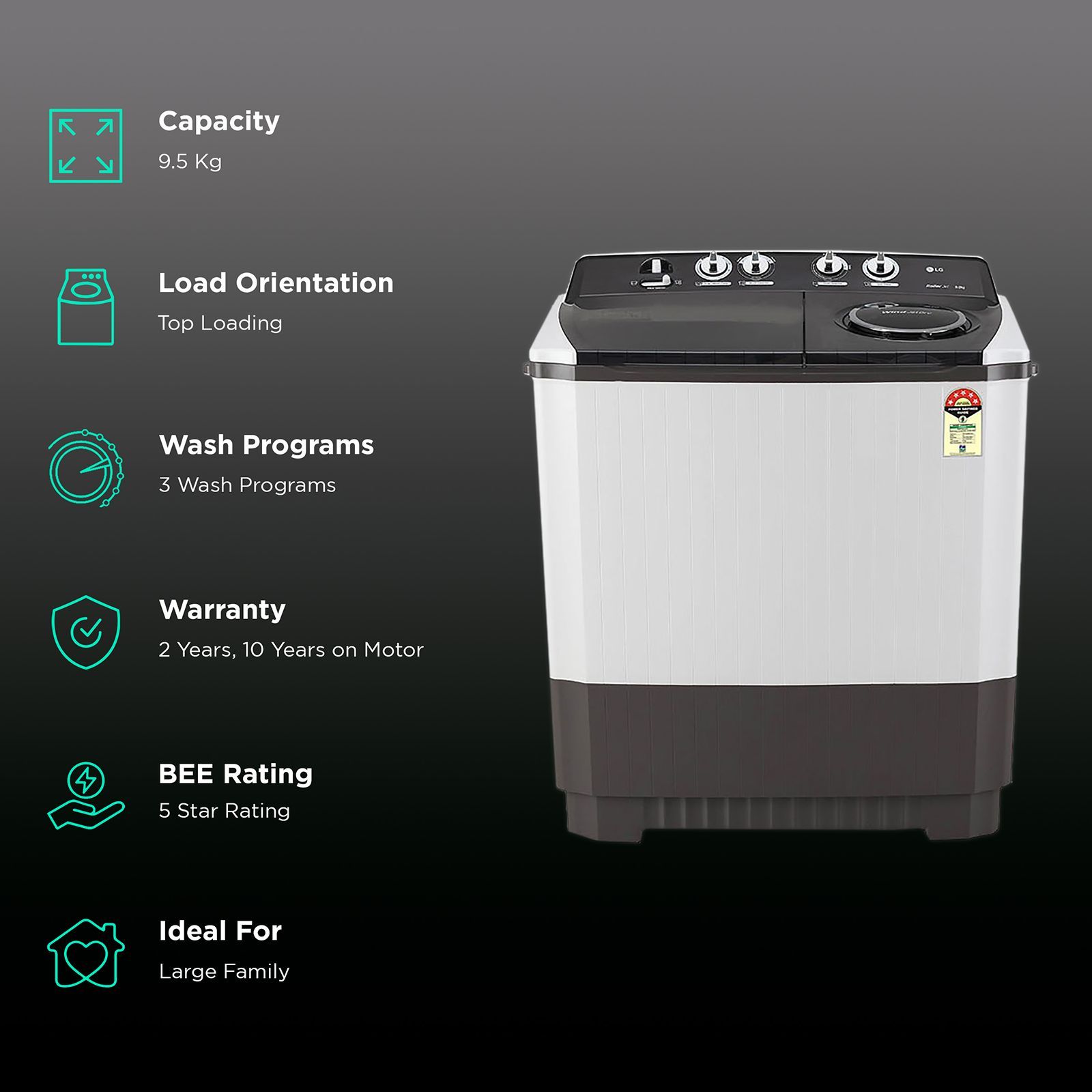 LG 9.5 kg 5 Star Semi Automatic Washing Machine with Roller Jet Pulsator (P955ASGAZ.ADGQEIL, Dark Grey)_2