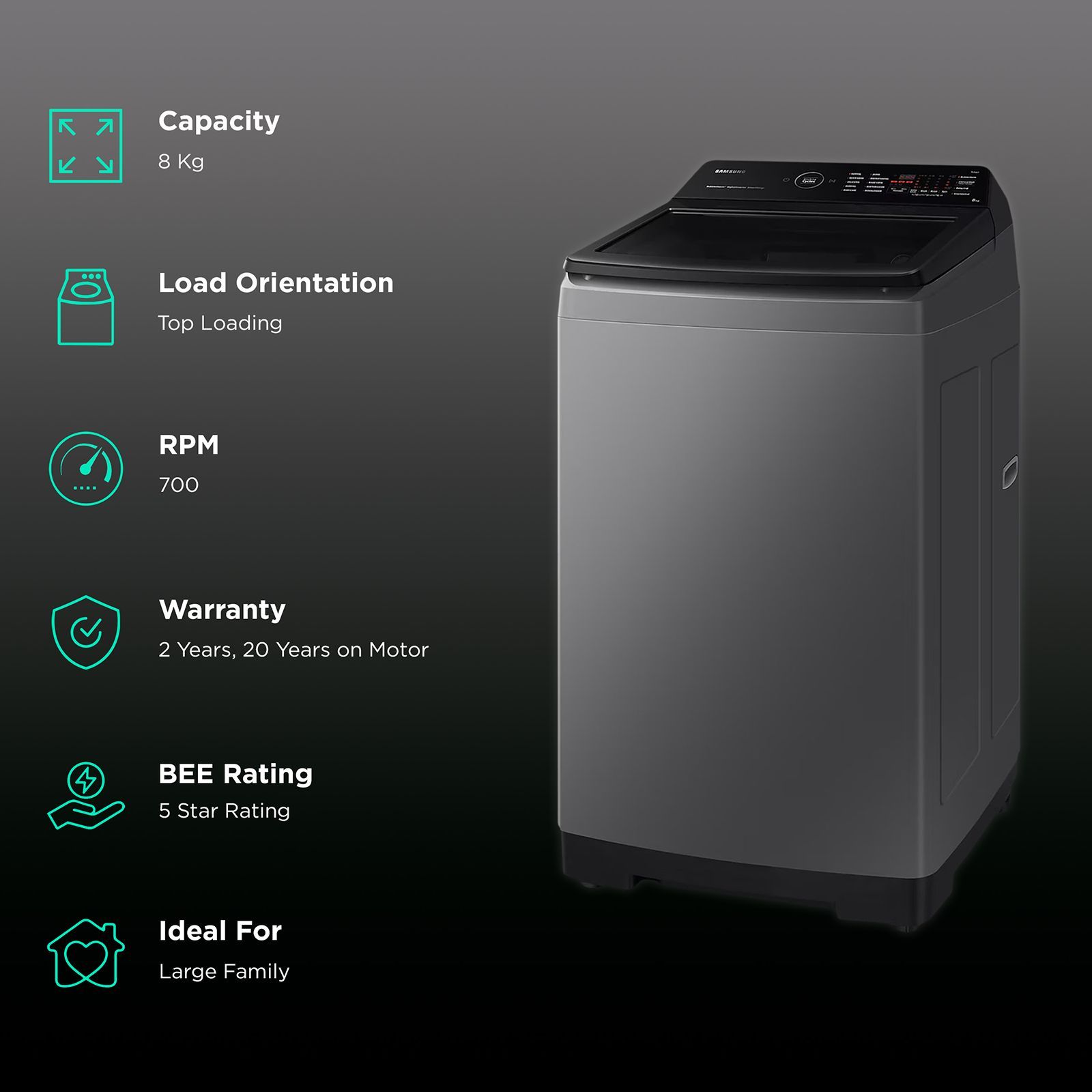 SAMSUNG 8 kg 5 Star Inverter Fully Automatic Top Load Washing Machine (WA80BG4542BDTL, Diamond Drum, Dark Gray)_2