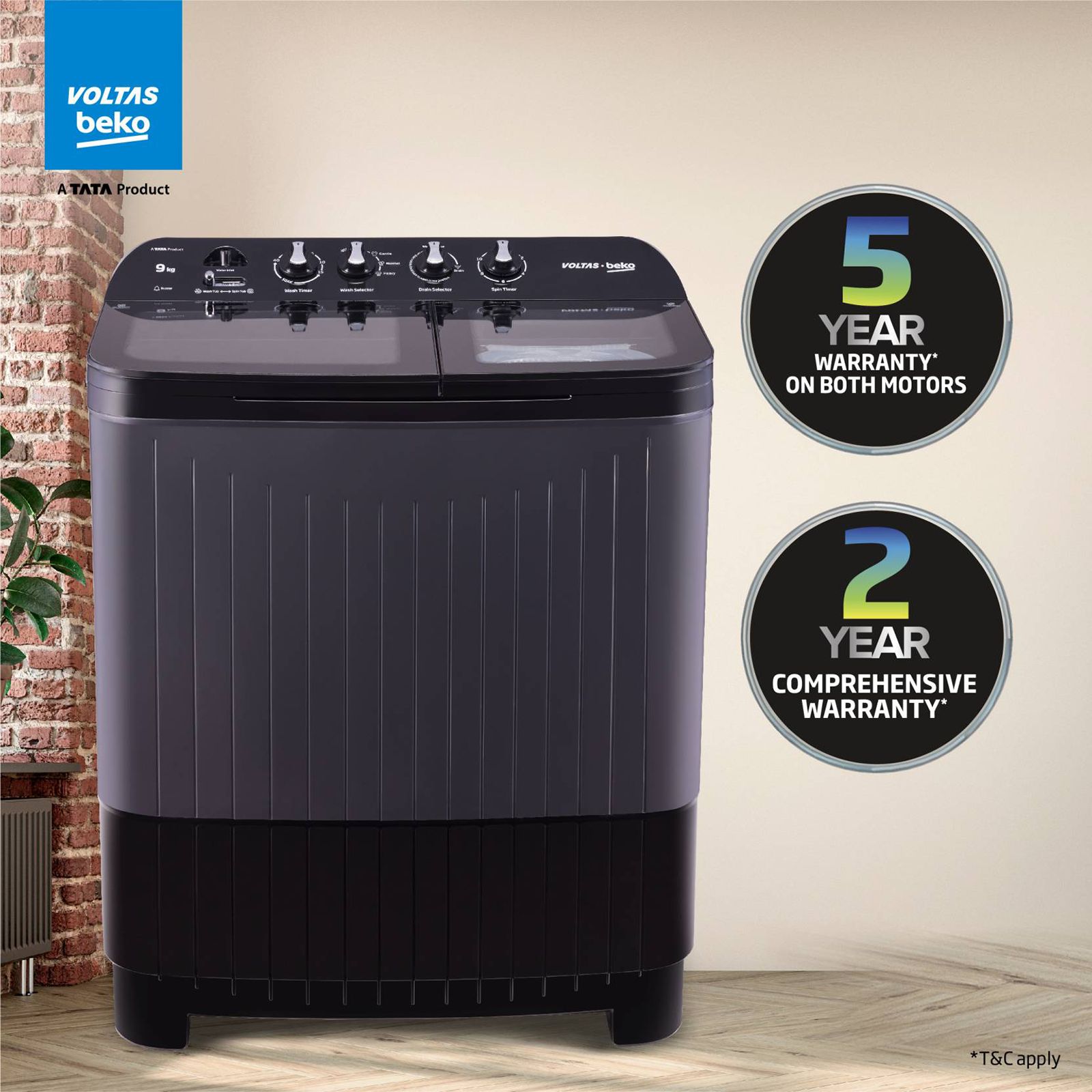 VOLTAS beko 9 kg 5 Star Semi Automatic Washing Machine with Cassette Filter (WTT90UDX/BKGR4KPTD, Black)_9