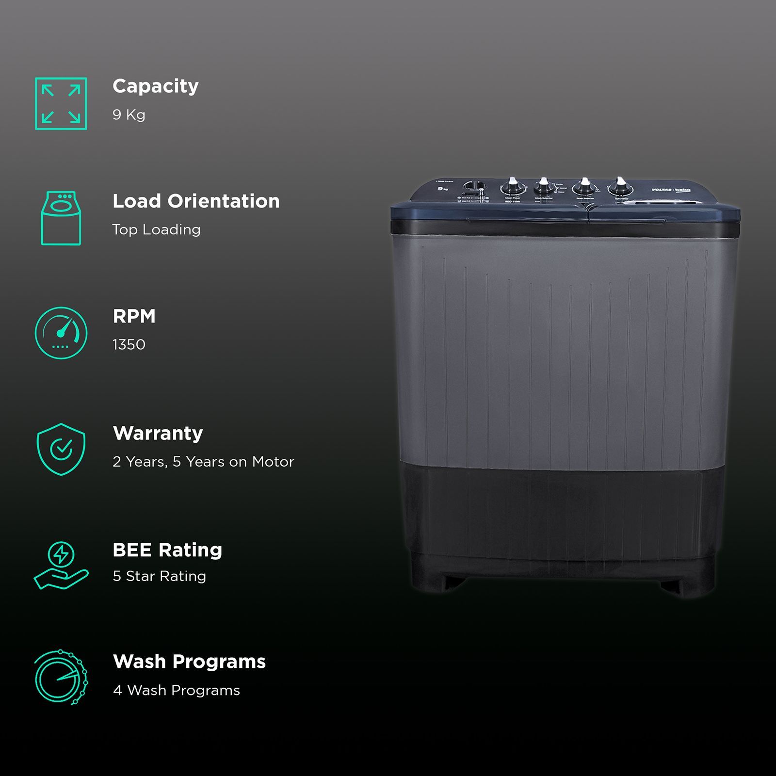 VOLTAS beko 9 kg 5 Star Semi Automatic Washing Machine with Cassette Filter (WTT90UDX/BKGR4KPTD, Black)_2