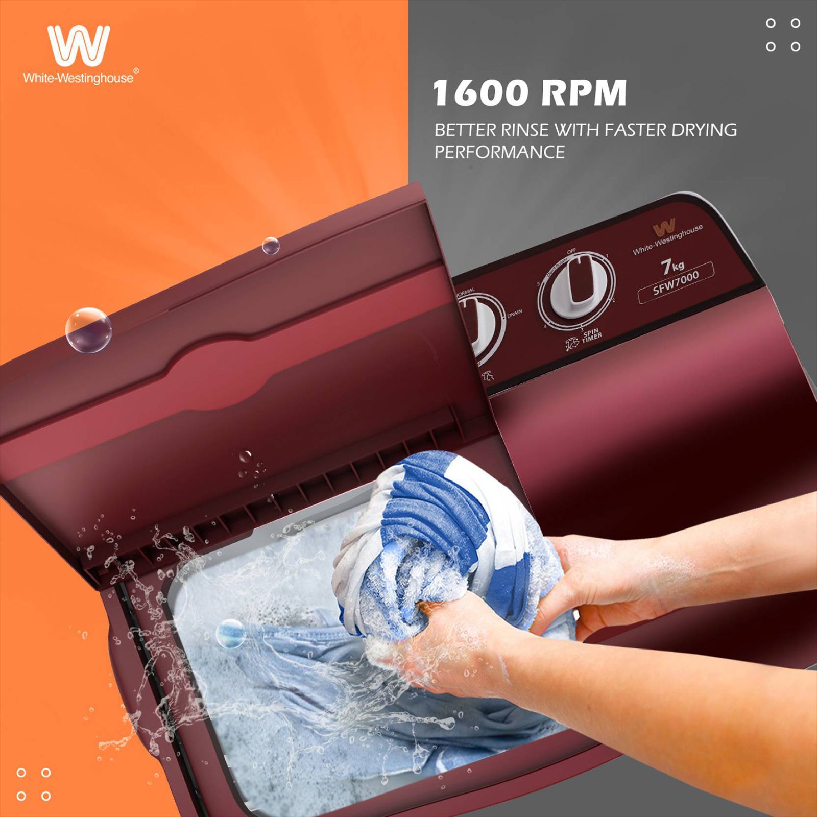 White Westinghouse 7 kg Semi Automatic Washing Machine with Pulsator Washing Technique (SFW7000, Burgundy)_15
