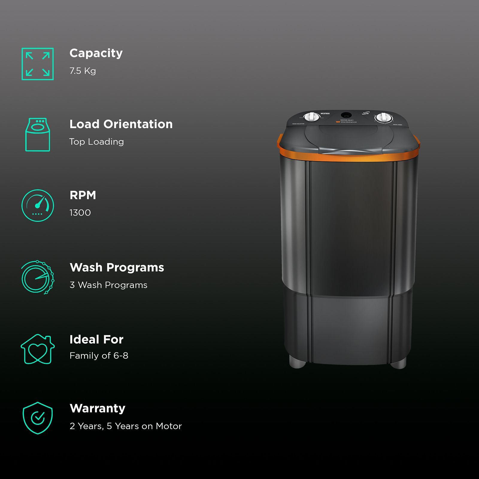 White Westinghouse 7.5 kg Semi Automatic Washer with Pulsator Washing Technique (WCS7500, Grey) White Westinghouse 7.5 kg Semi Automatic Washer with Pulsator Washing Technique (WCS7500, Grey)_2
