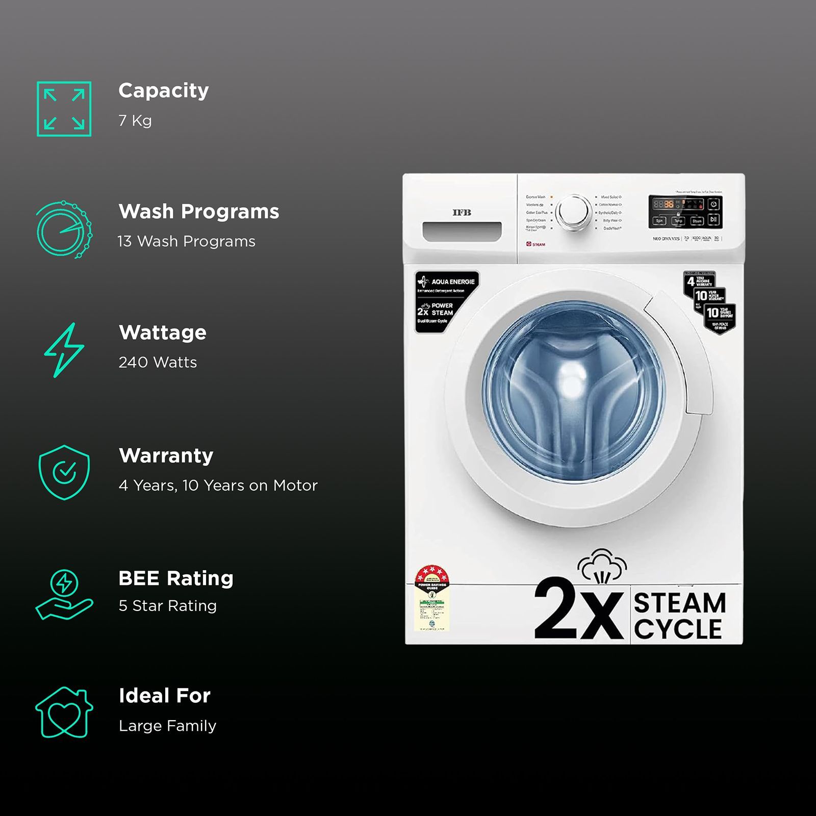 IFB 7 kg 5 Star Fully Automatic Front Load Washing Machine (Neo Diva VXS 7010, Crescent Moon Drum, White) IFB 7 kg 5 Star Fully Automatic Front Load Washing Machine (Neo Diva VXS 7010, Crescent Moon Drum, White)_2