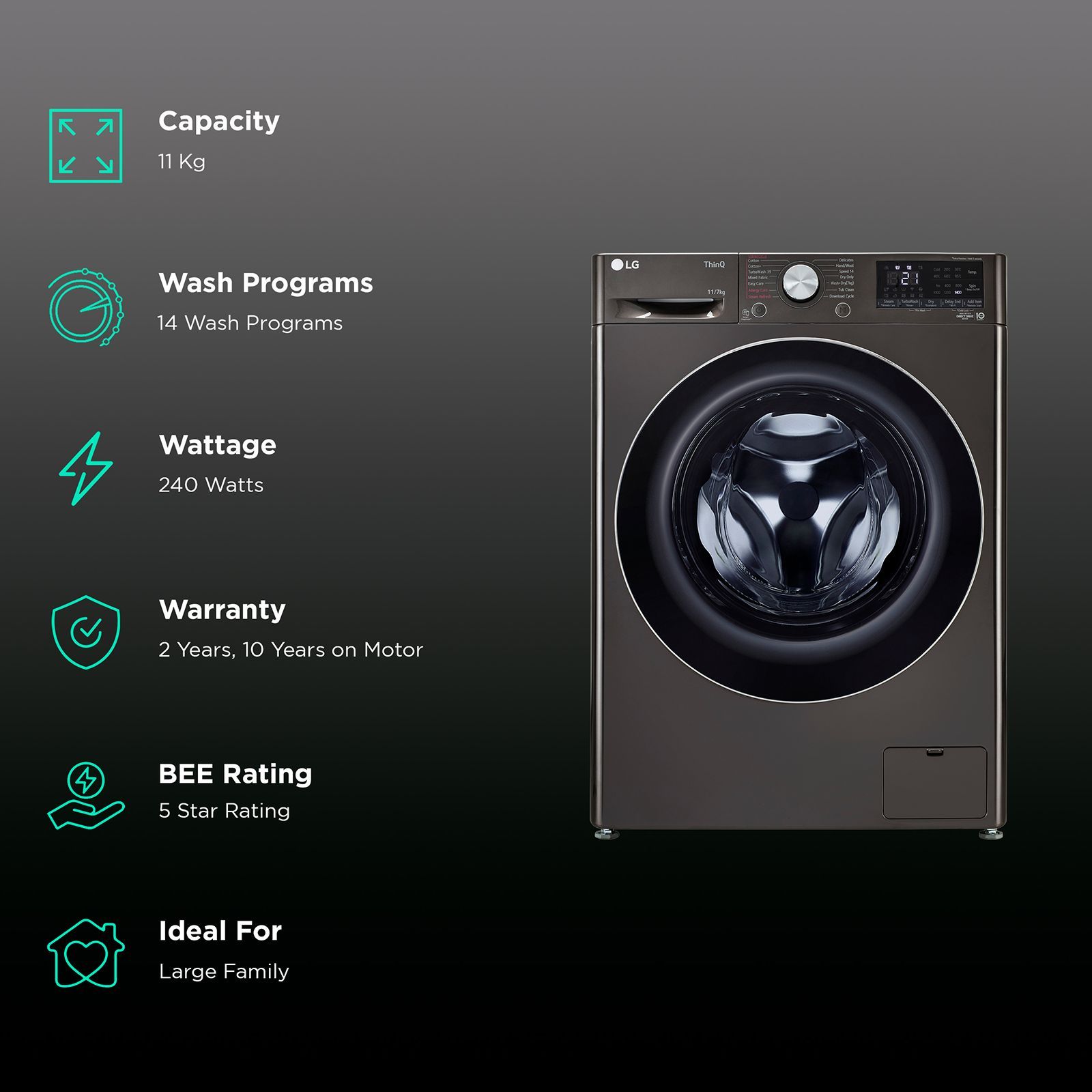LG Vivace 11 kg/7 kg 5 Star Fully Automatic Front Load Washer Dryer Combo (AI Direct Drive Technology, FHD1107STB.ABLQEIL, Black VCM)_2