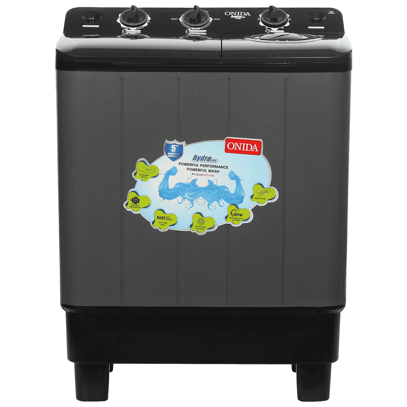 ONIDA 7 kg Semi-Automatic Top Load Washing Machine (S70GR, 5 Spin Storm Pulsator, Black & Grey)_1