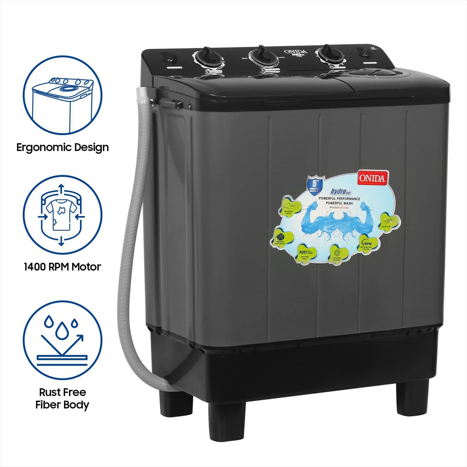 ONIDA 7 kg Semi-Automatic Top Load Washing Machine (S70GR, 5 Spin Storm Pulsator, Black & Grey)_12