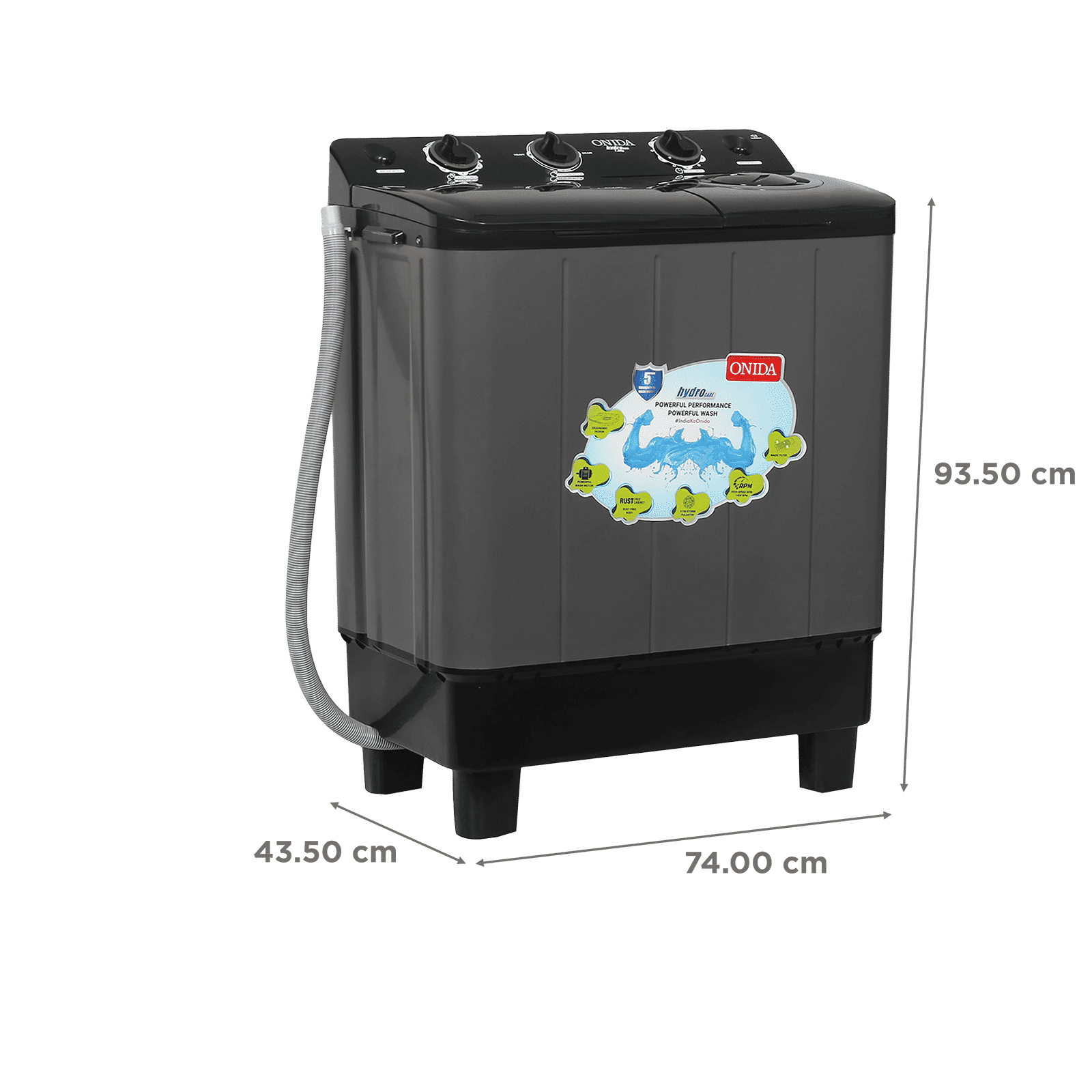 ONIDA 7 kg Semi-Automatic Top Load Washing Machine (S70GR, 5 Spin Storm Pulsator, Black & Grey)_3