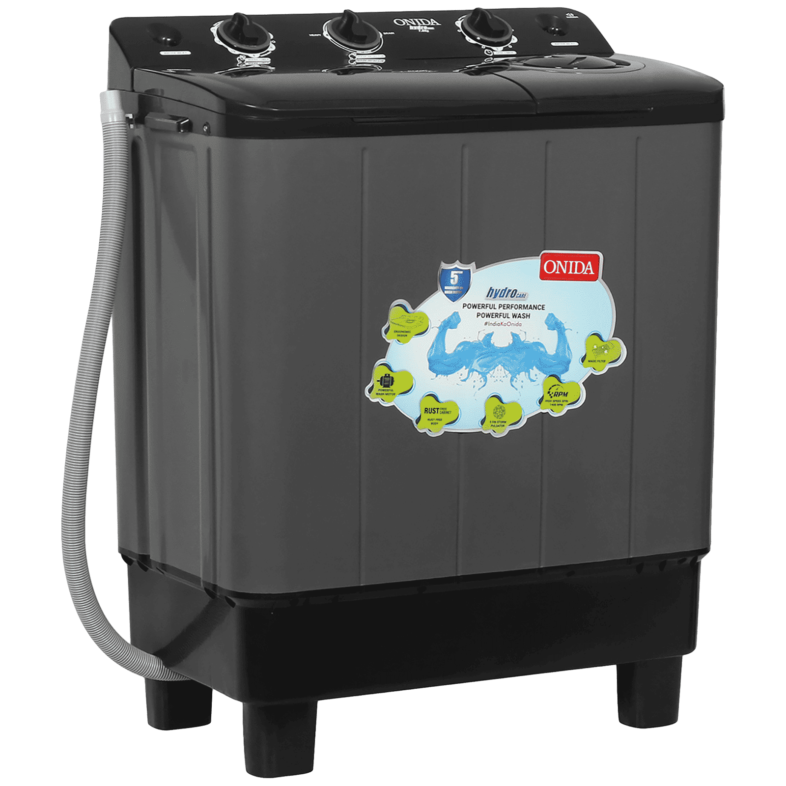 ONIDA 7 kg Semi-Automatic Top Load Washing Machine (S70GR, 5 Spin Storm Pulsator, Black & Grey)_5