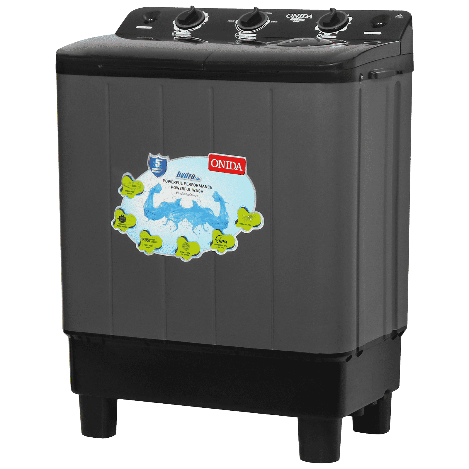 ONIDA 7 kg Semi-Automatic Top Load Washing Machine (S70GR, 5 Spin Storm Pulsator, Black & Grey)_6