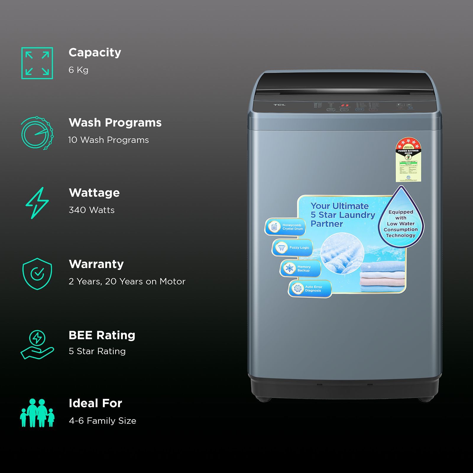 TCL 6 kg 5 Star Fully Automatic Top Load Washing Machine (F103, F3060TLG, Pulsator Rotate, Dark Grey) TCL 6 kg 5 Star Fully Automatic Top Load Washing Machine (F103, F3060TLG, Pulsator Rotate, Dark Grey)_2