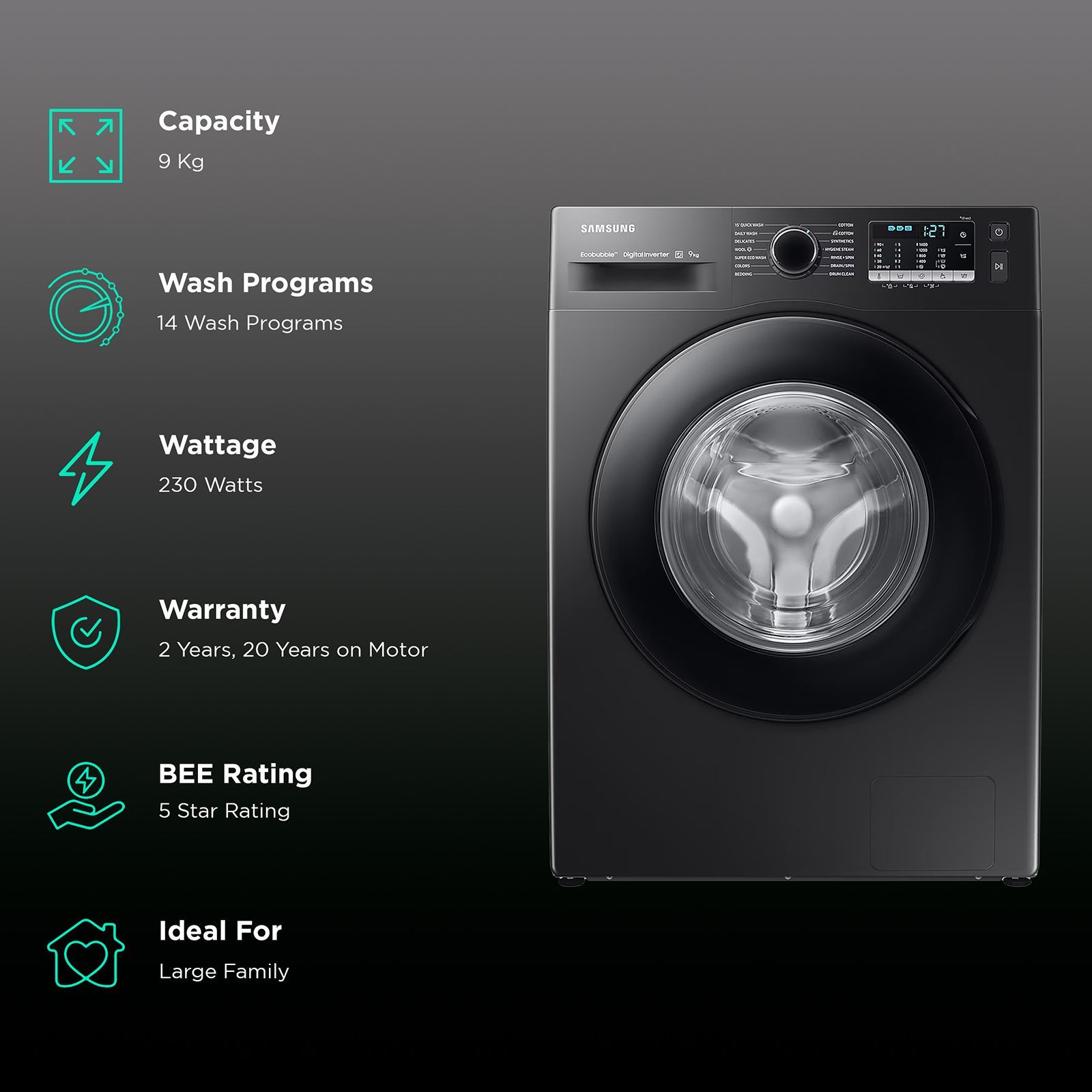 SAMSUNG 9 kg 5 Star Inverter Fully Automatic Front Load Washing Machine (WW90TA046AB1TL, Hygiene Steam, Diamond Drum, Black)_2