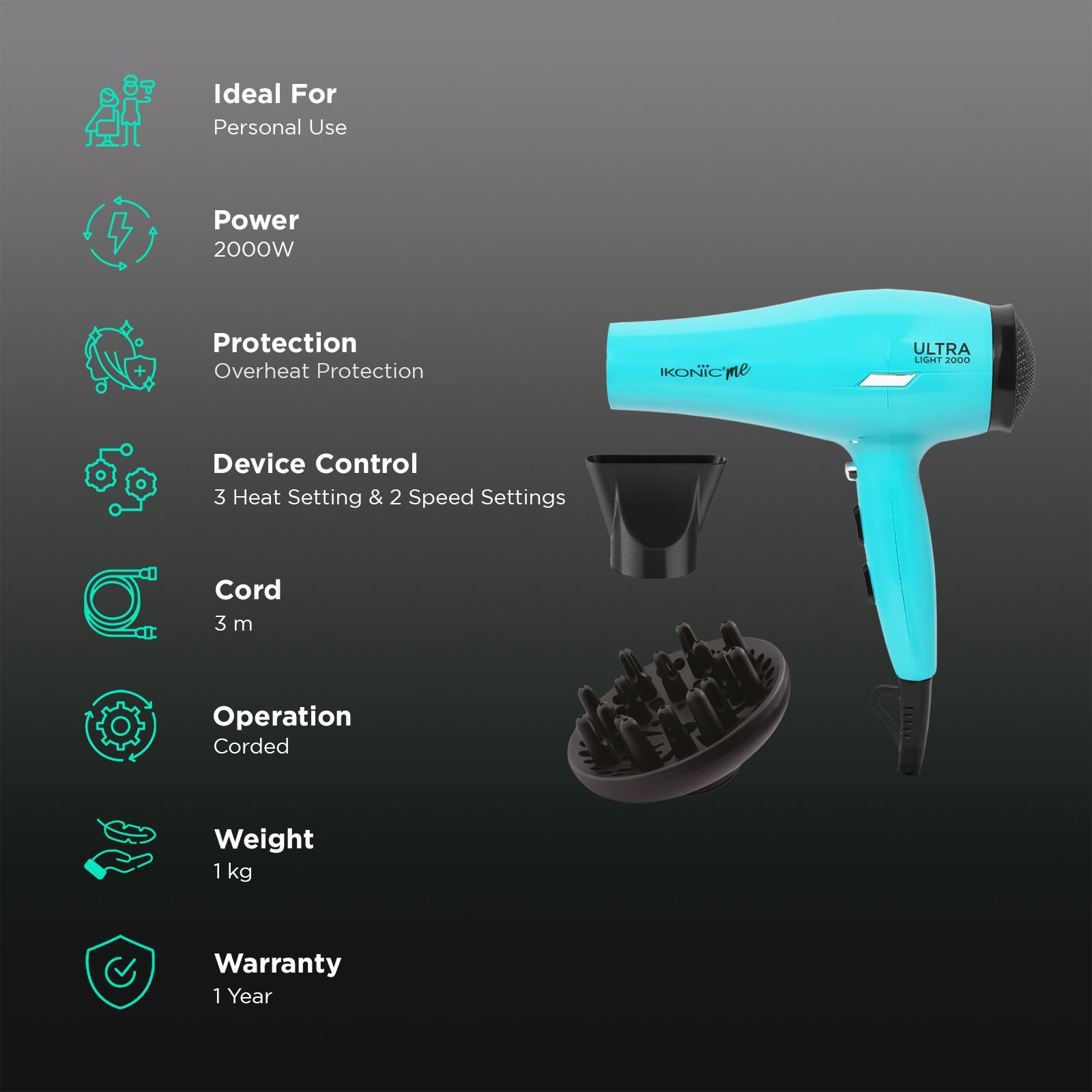 Ikonic Ultralight Hair Dryer with 3 Heat Settings and Cool Shot (Overheat Protection, Teal)_2