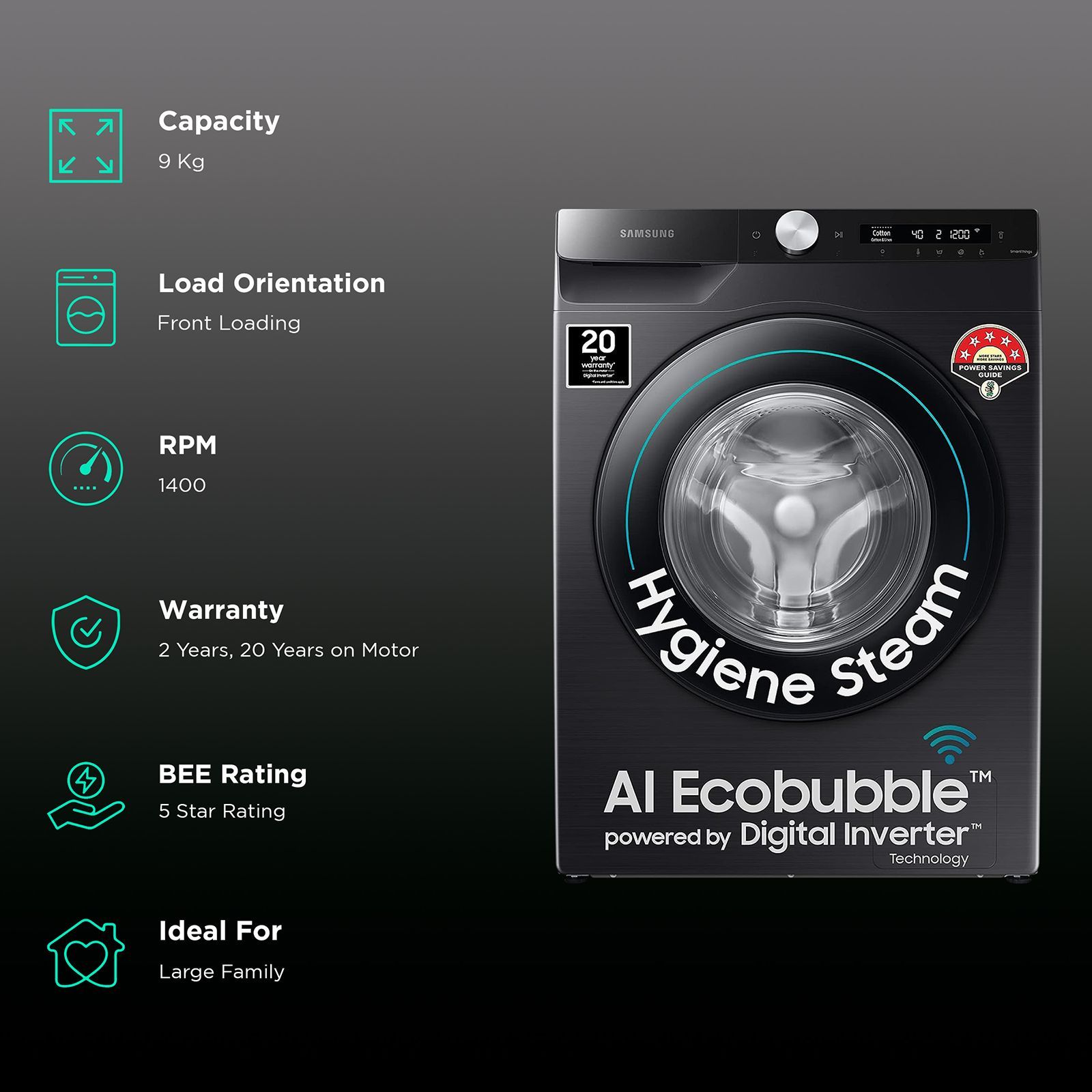 SAMSUNG 9 kg 5 Star Inverter Fully Automatic Front Load Washing Machine (WW90T504DAB1TL, Eco Bubble Technology, Black Caviar) SAMSUNG 9 kg 5 Star Inverter Fully Automatic Front Load Washing Machine (WW90T504DAB1TL, Eco Bubble Technology, Black Caviar)_2