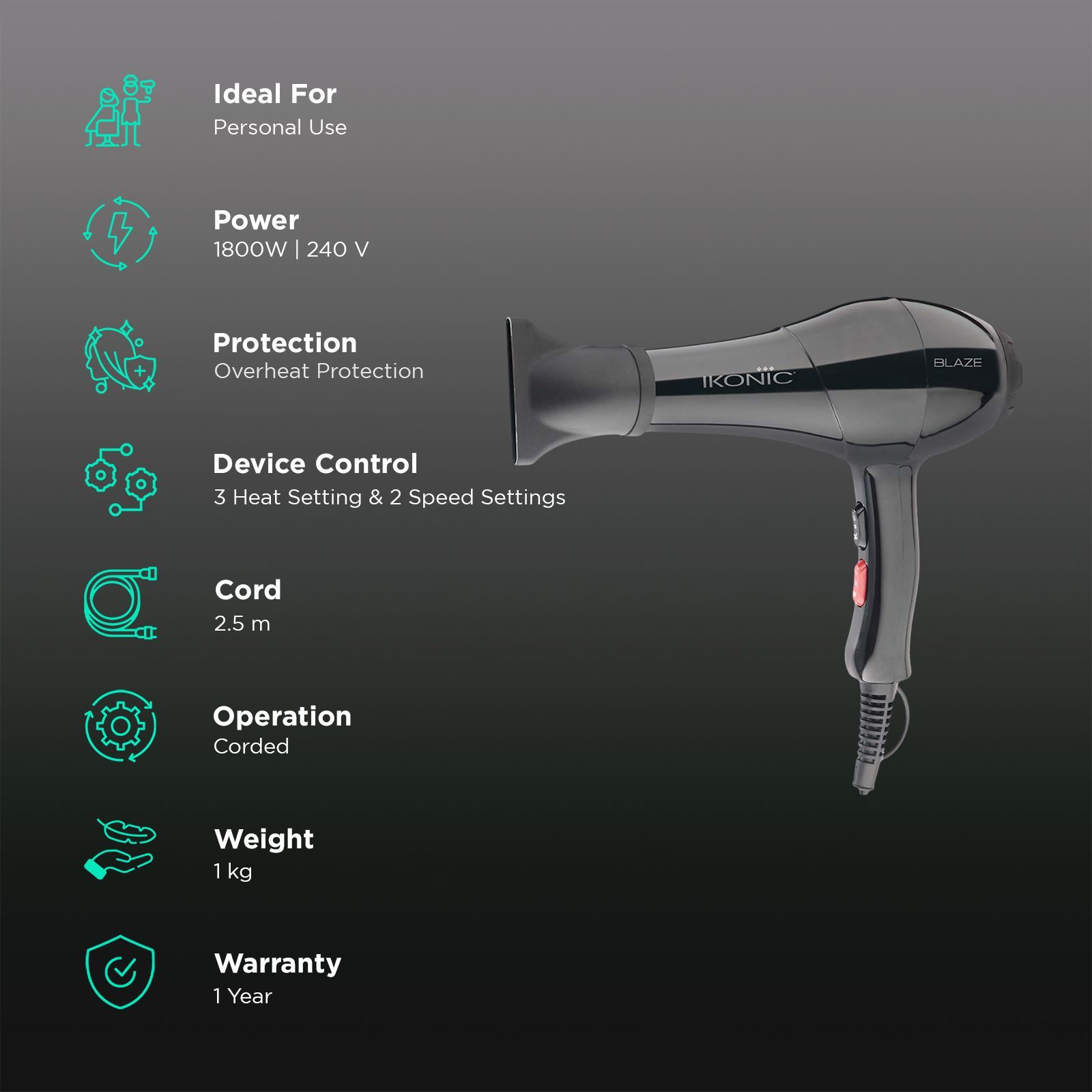 Ikonic Blaze Hair Dryer with 3 Heat Settings (Overheat Protection, Black)_2