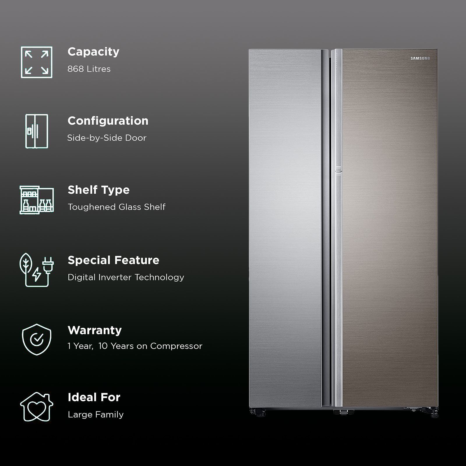 SAMSUNG 868 Litres Frost Free Side by Side Refrigerator with Twist Ice Maker (RH80J81323M/TL, Real Stainless)_2