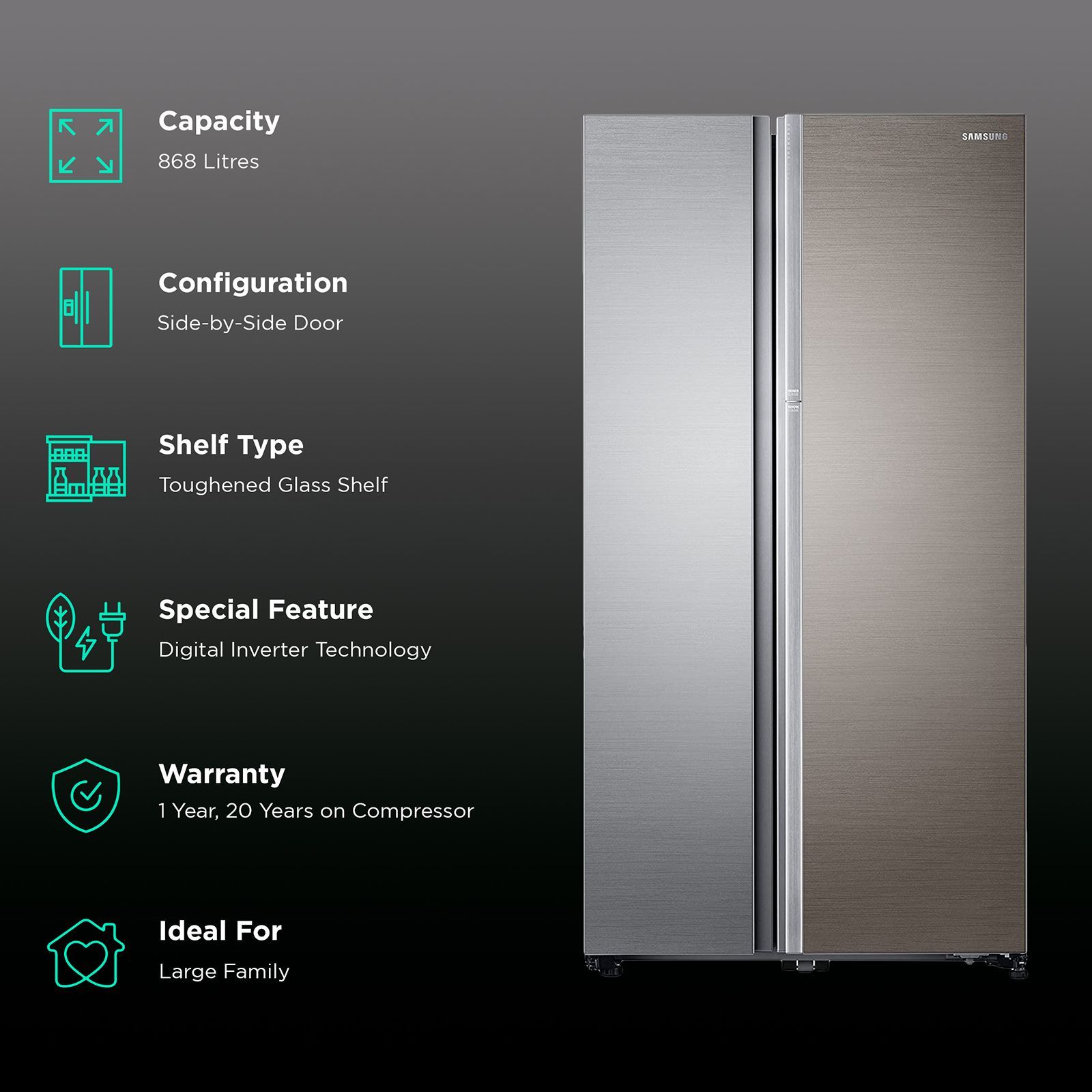 SAMSUNG 868 Litres Frost Free Side by Side Refrigerator with Twist Ice Maker (RH80J81323M/TL, Real Stainless)_2