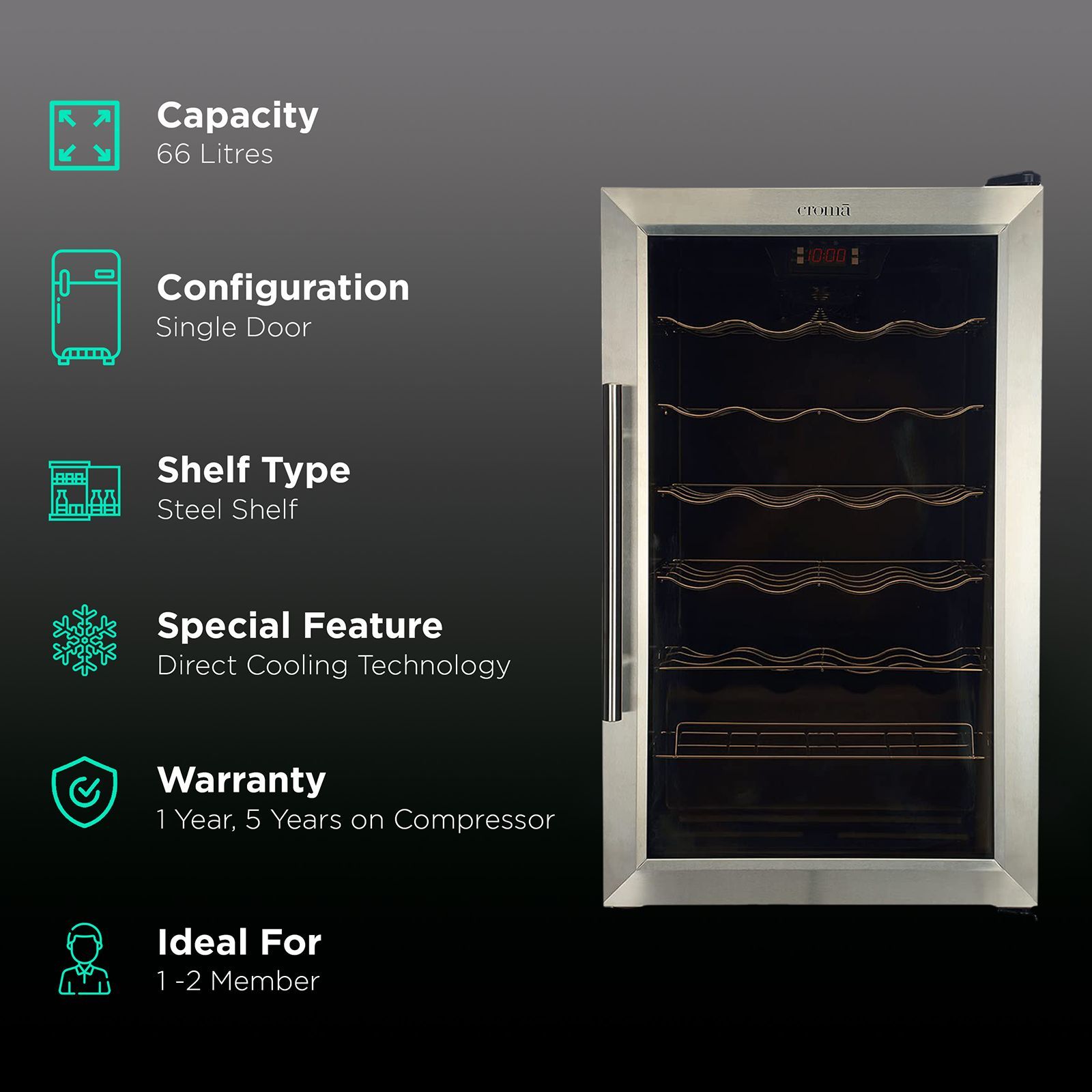 Croma 66 Litres 22 Bottles Wine Cooler (Mechanical Temperature Control, Black)_2