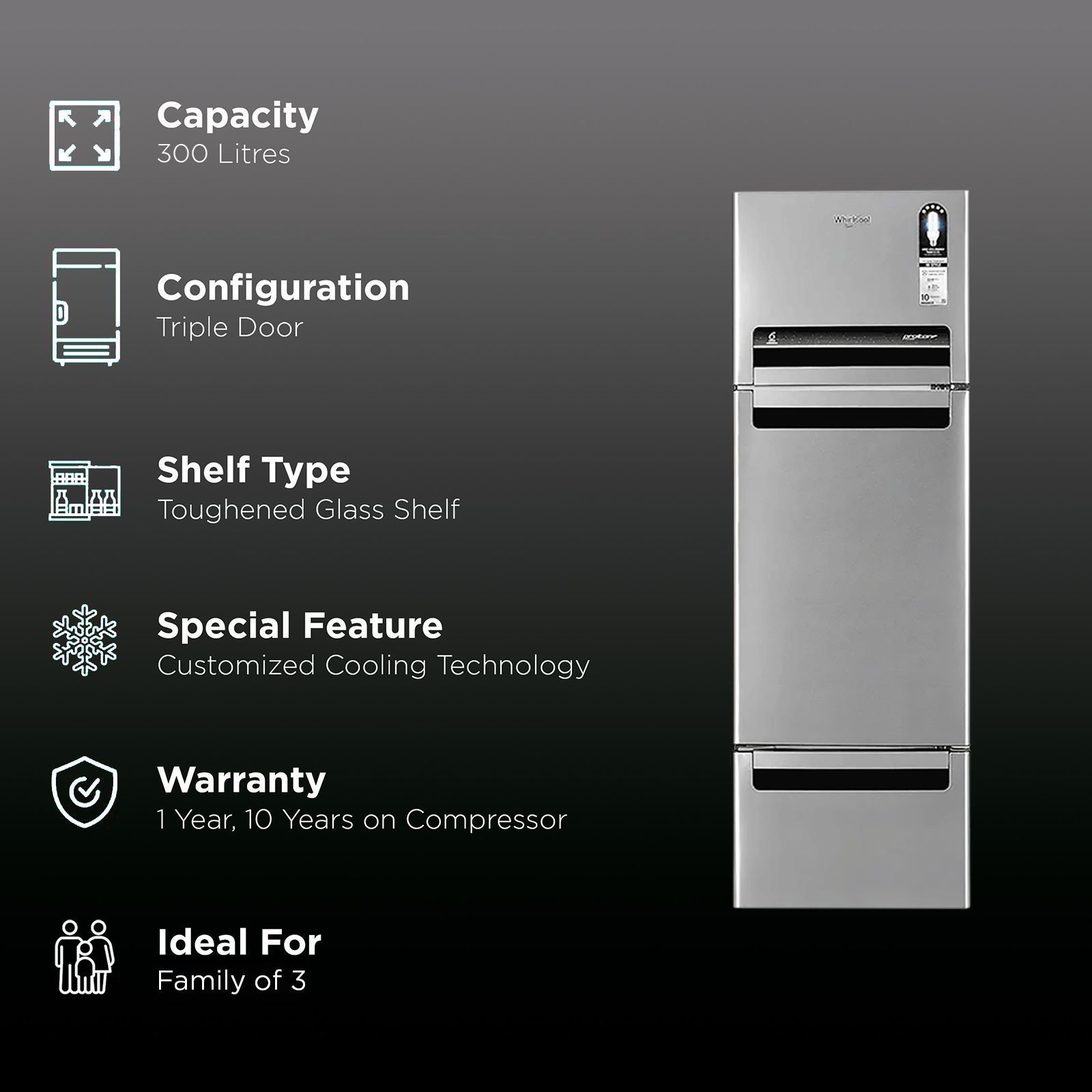 Whirlpool Protton 300 Litres Frost Free Triple Door Refrigerator with 6th Sense ActiveFresh Technology (20817, Alpha Steel)_3