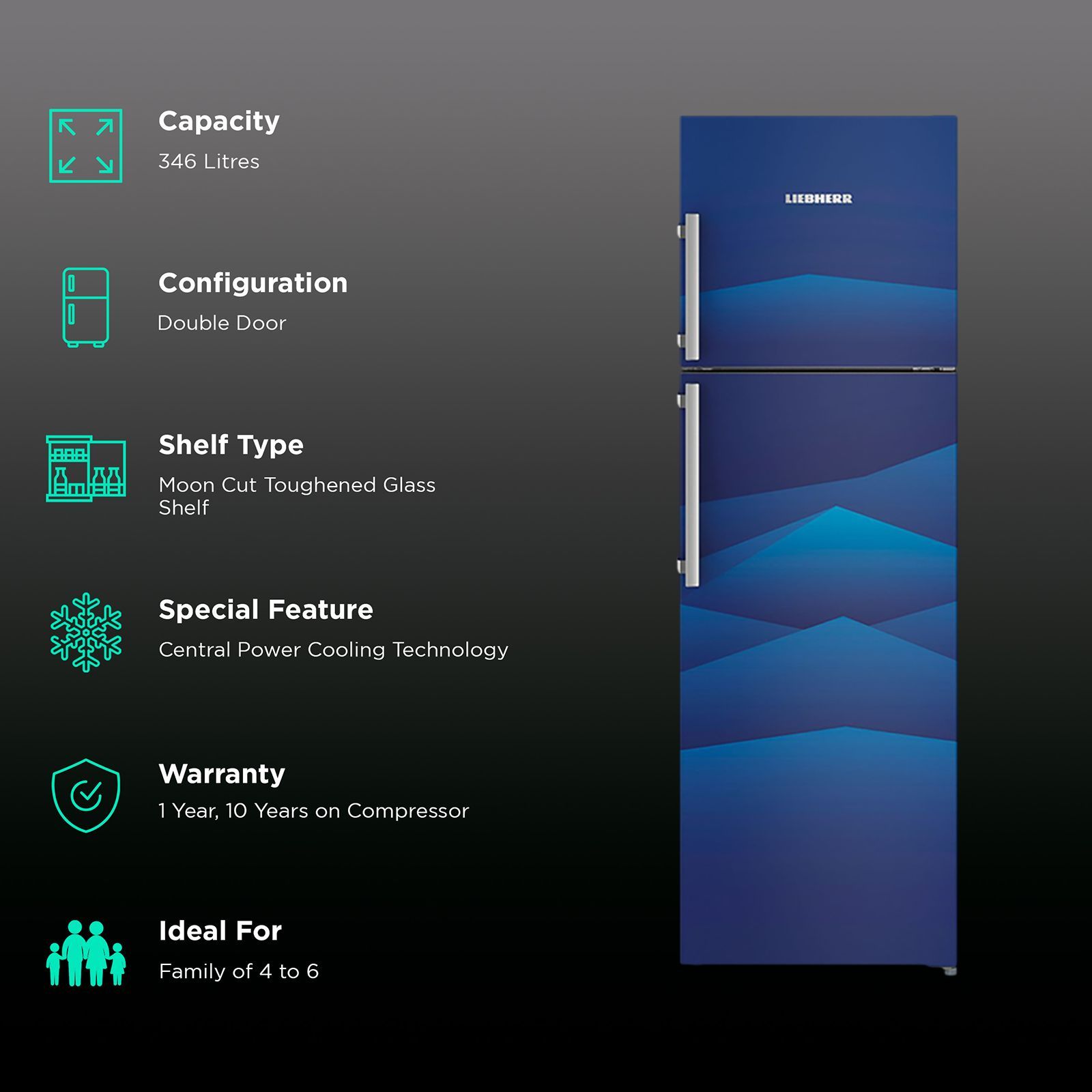 LIEBHERR 346 Litres 4 Star Frost Free Double Door Refrigerator with Central Power Cooling (TCb 3520, Blue Landscape)_2
