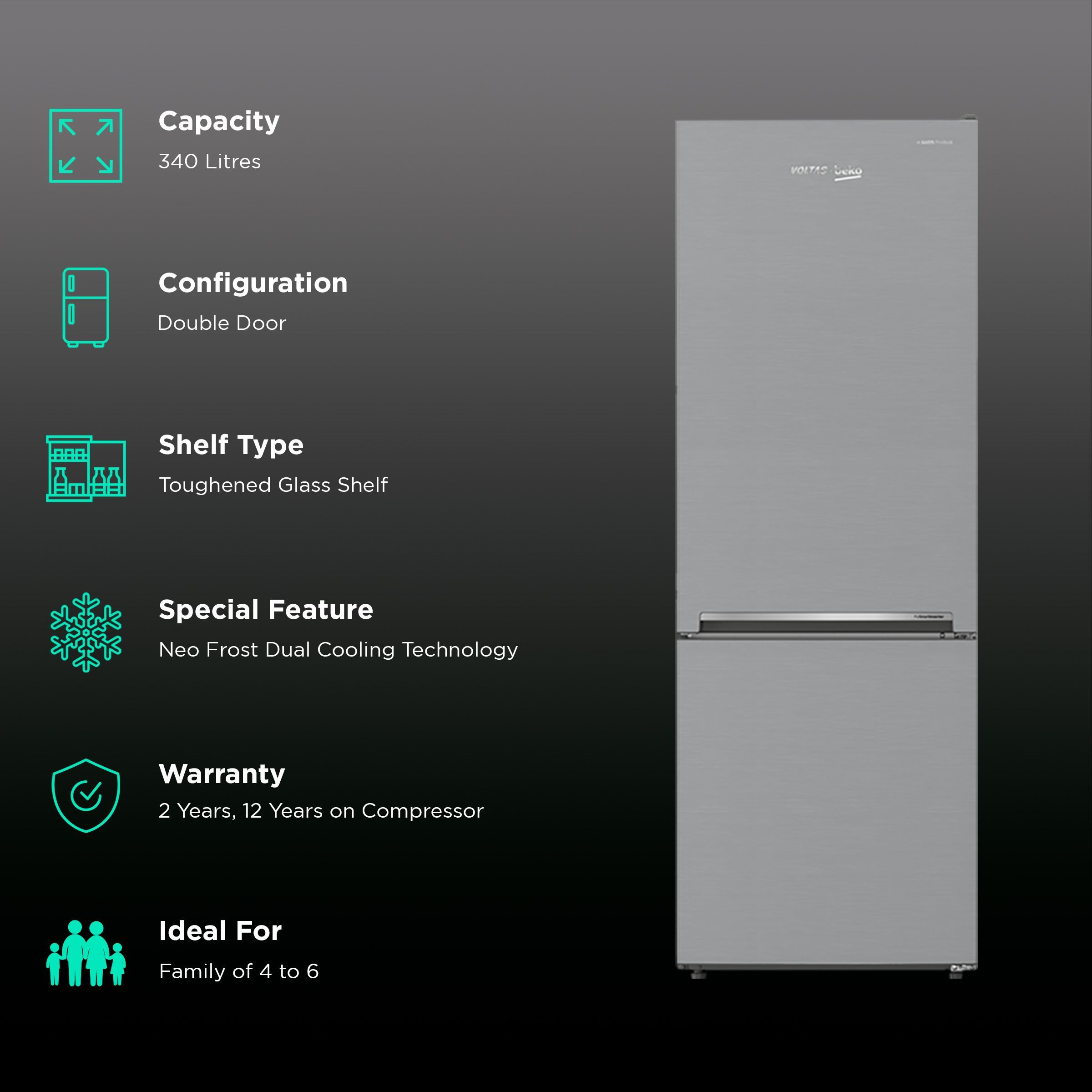 VOLTAS beko 340 Litres 2 Star Frost Free Double Door Bottom Mount Refrigerator with Neo Frost Dual Cooling (RBM363IF, Silver) VOLTAS beko 340 Litres 2 Star Frost Free Double Door Bottom Mount Refrigerator with Neo Frost Dual Cooling (RBM363IF, Silver)_2