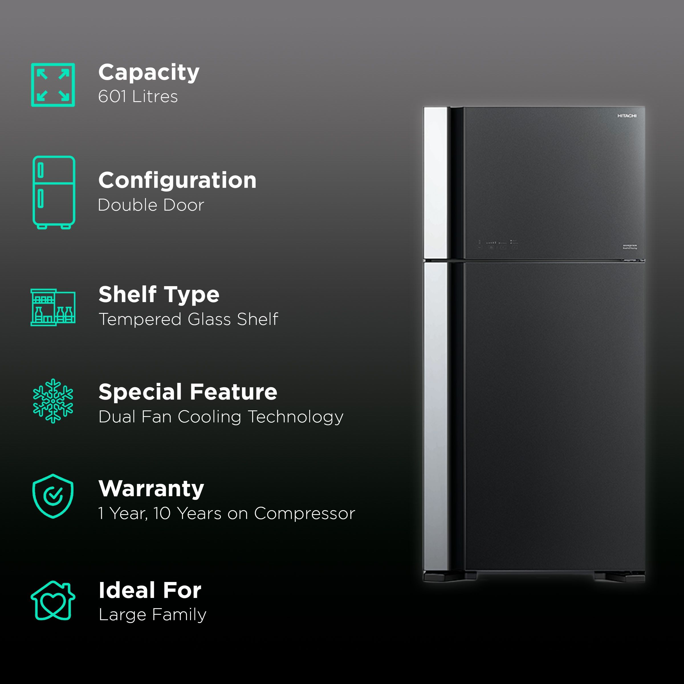HITACHI Big2 Series 601 Litres 2 Star Frost Free Double Door Bottom Mount Refrigerator with Front Air Flow (R-VG660PND7, Grey) HITACHI Big2 Series 601 Litres 2 Star Frost Free Double Door Bottom Mount Refrigerator with Front Air Flow (R-VG660PND7, Grey)_2