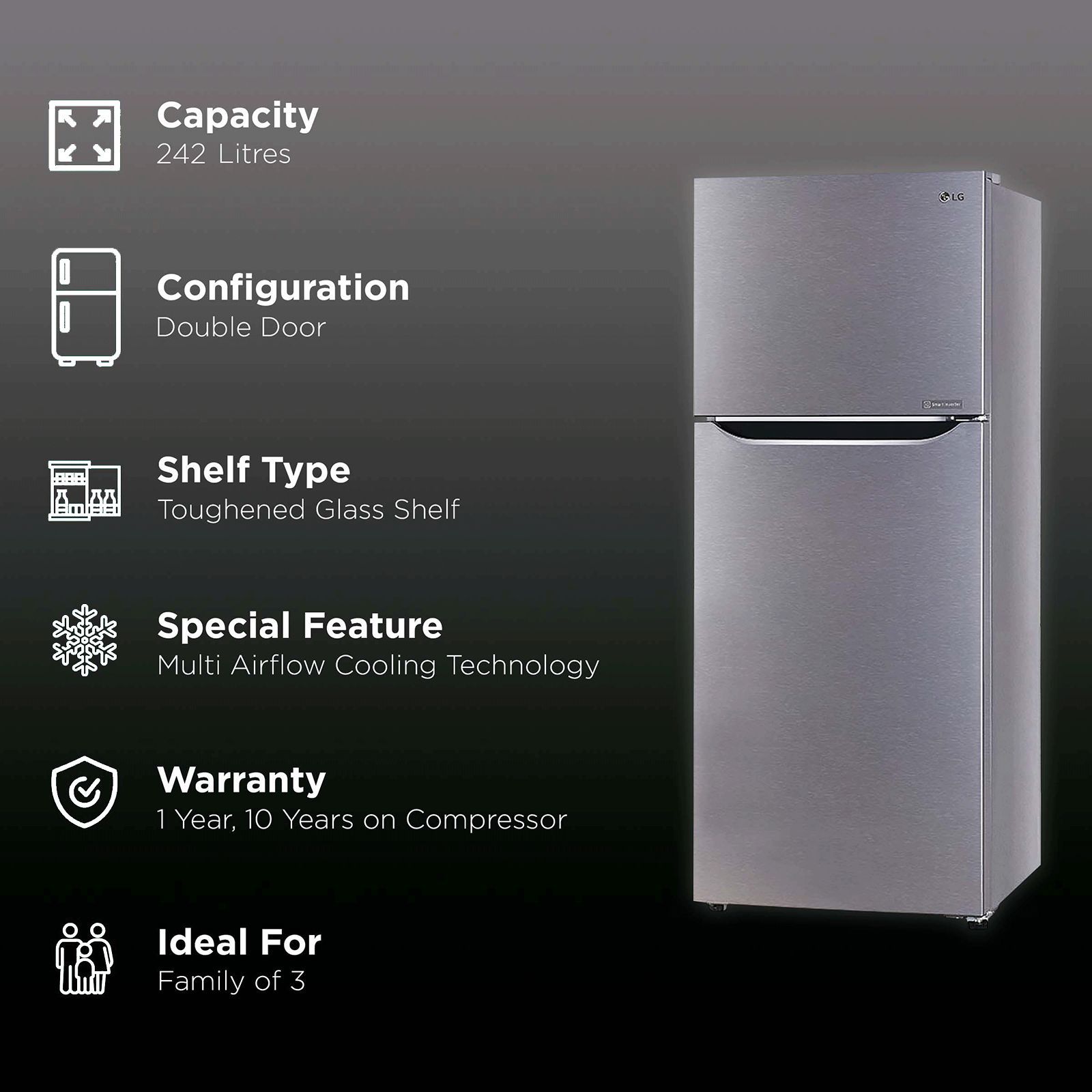 LG 242 Litres 1 Star Frost Free Double Door Refrigerator with Multi Air Flow (GL-N292DDSY, Dazzle Steel) LG 242 Litres 1 Star Frost Free Double Door Refrigerator with Multi Air Flow (GL-N292DDSY, Dazzle Steel)_3