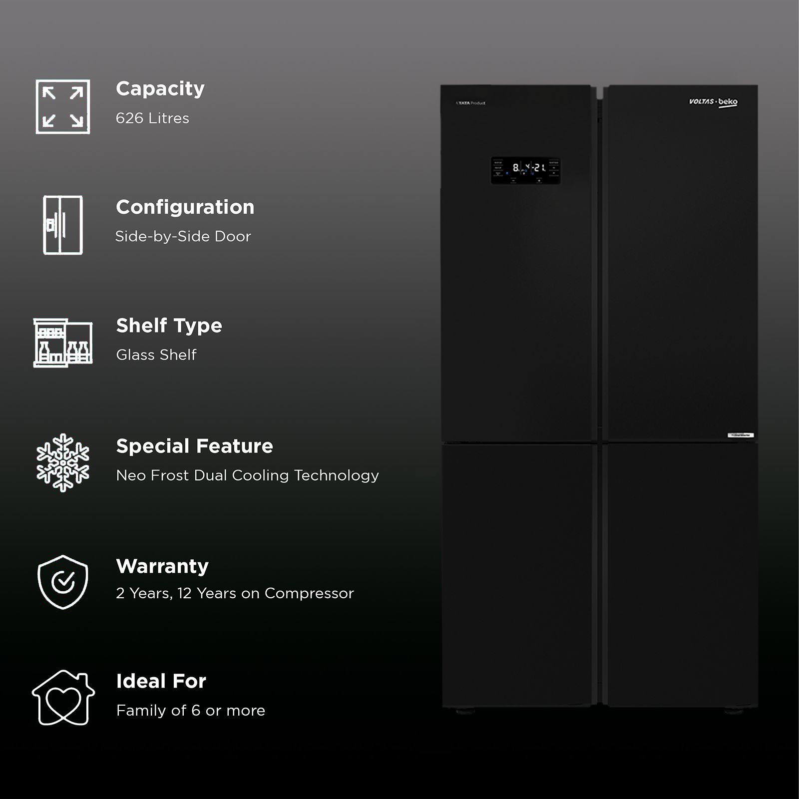 VOLTAS beko 626 Litres Frost Free Side by Side Refrigerator with Neo Frost Dual Cooling (RSB64GF, Glass Black)_2
