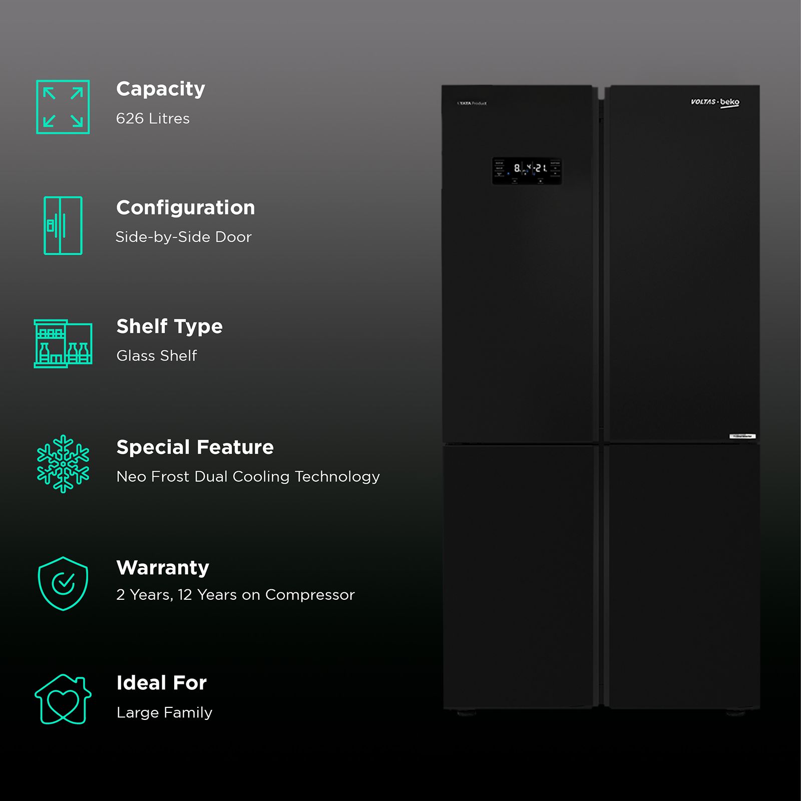 VOLTAS beko 626 Litres Frost Free Side by Side Refrigerator with Neo Frost Dual Cooling (RSB64GF, Glass Black) VOLTAS beko 626 Litres Frost Free Side by Side Refrigerator with Neo Frost Dual Cooling (RSB64GF, Glass Black)_2
