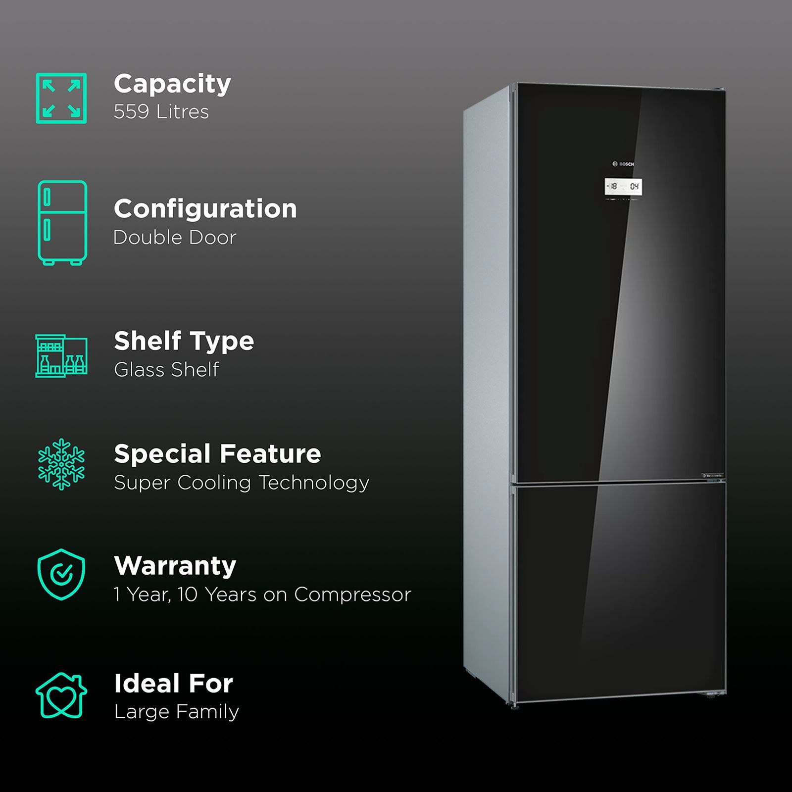BOSCH Serie 6 559 Litres 2 Star Frost Free Double Door Bottom Mount Refrigerator with Temperature Display (KGN56LB41I, Black) BOSCH Serie 6 559 Litres 2 Star Frost Free Double Door Bottom Mount Refrigerator with Temperature Display (KGN56LB41I, Black)_2