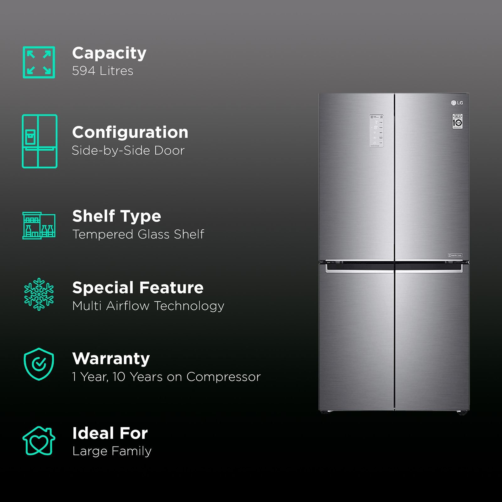 LG 594 Litres Frost Free Side by Side Door Smart Wi-Fi Enabled Refrigerator with Door Cooling Plus Technology (GC-B22FTLPL.APZQEB, Platinum Silver III)_2