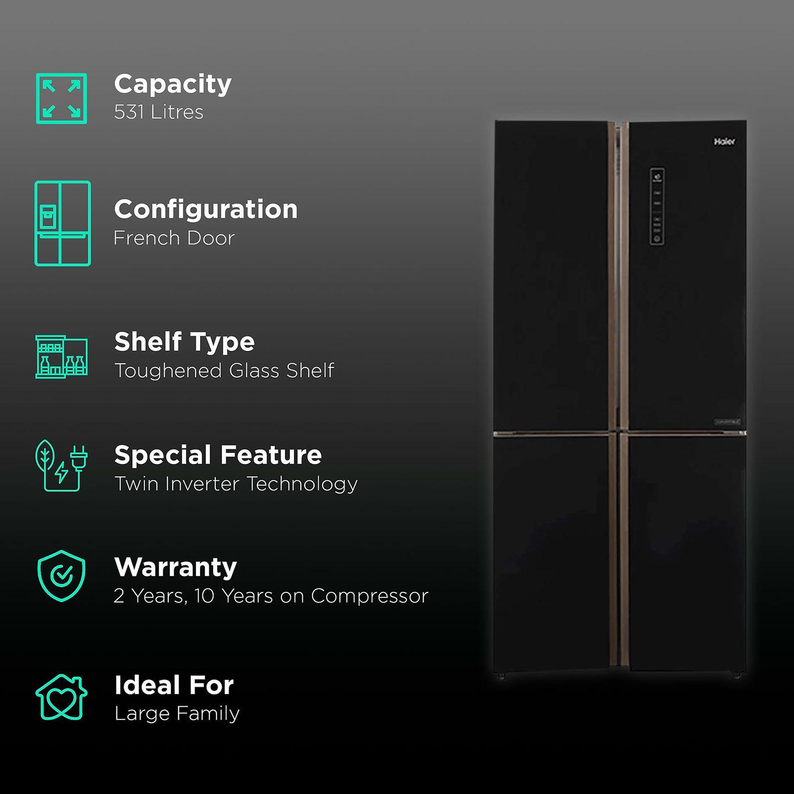 Haier 531 Litres A+ Frost Free French Door Refrigerator with Deo Fresh Technology (HRB-550KG, Black Glass)_2