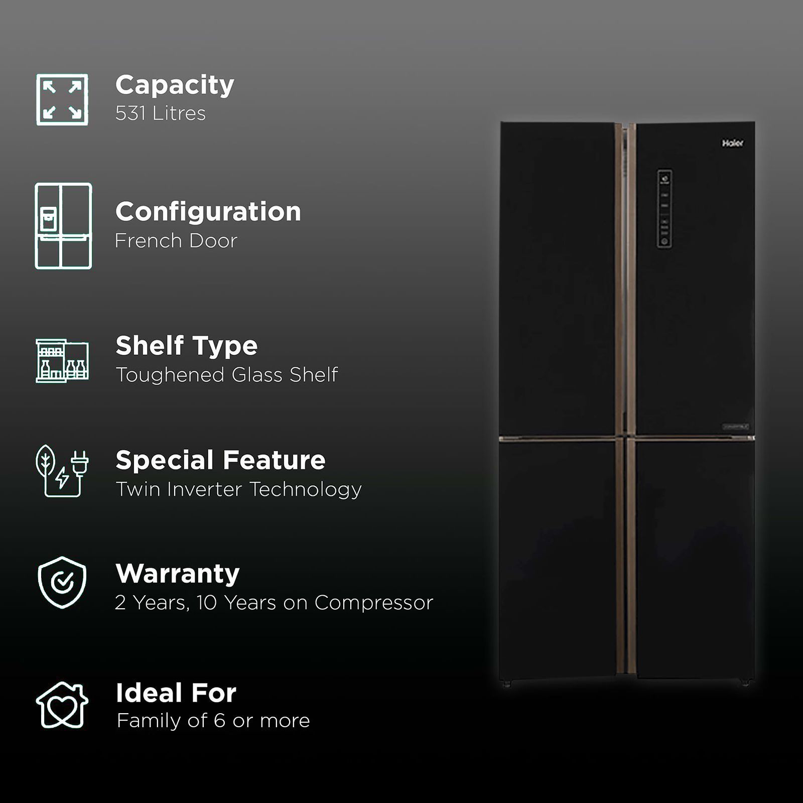 Haier 531 Litres A+ Frost Free French Door Refrigerator with Deo Fresh Technology (HRB-550KG, Black Glass) Haier 531 Litres A+ Frost Free French Door Refrigerator with Deo Fresh Technology (HRB-550KG, Black Glass)_2