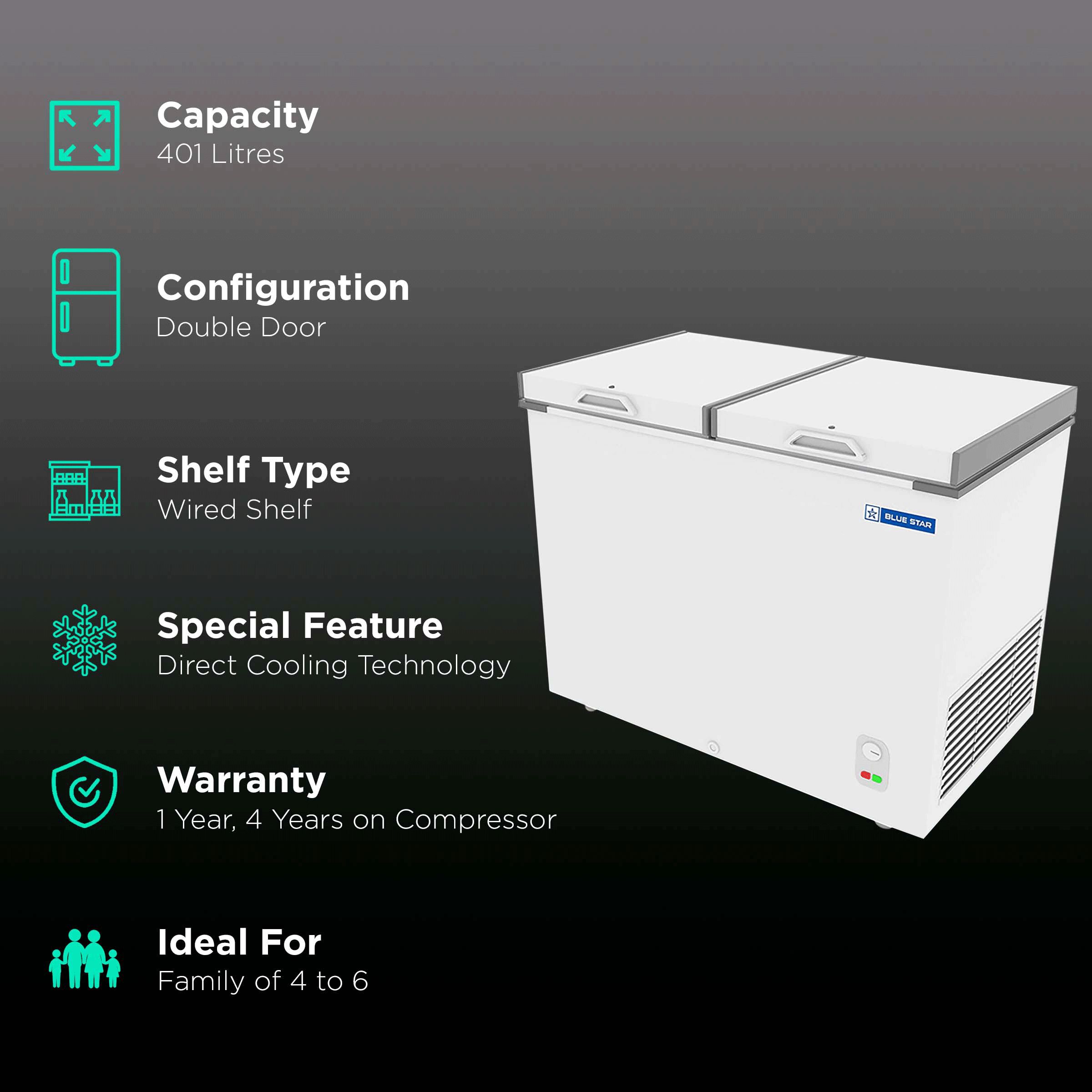 Blue Star 401 Litres Double Door Deep Freezer (High Density PUF Insulation, CHFDD400MGPW, White)_2