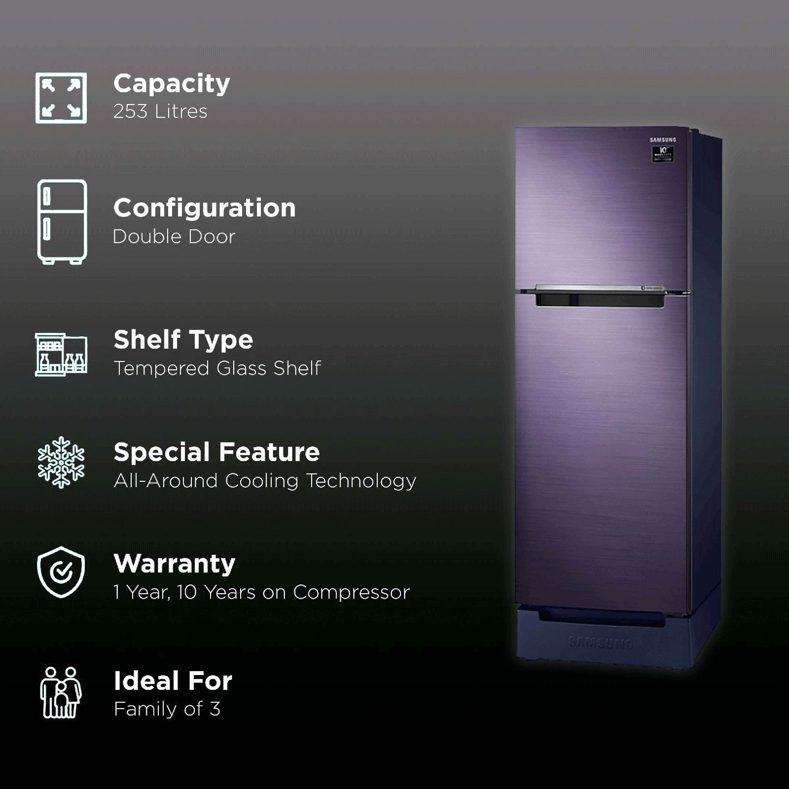 SAMSUNG 253 Litres 2 Star Frost Free Double Door Refrigerator with Base Stand Drawer (RT28T3122UT/HL, Pebble Blue) SAMSUNG 253 Litres 2 Star Frost Free Double Door Refrigerator with Base Stand Drawer (RT28T3122UT/HL, Pebble Blue)_2