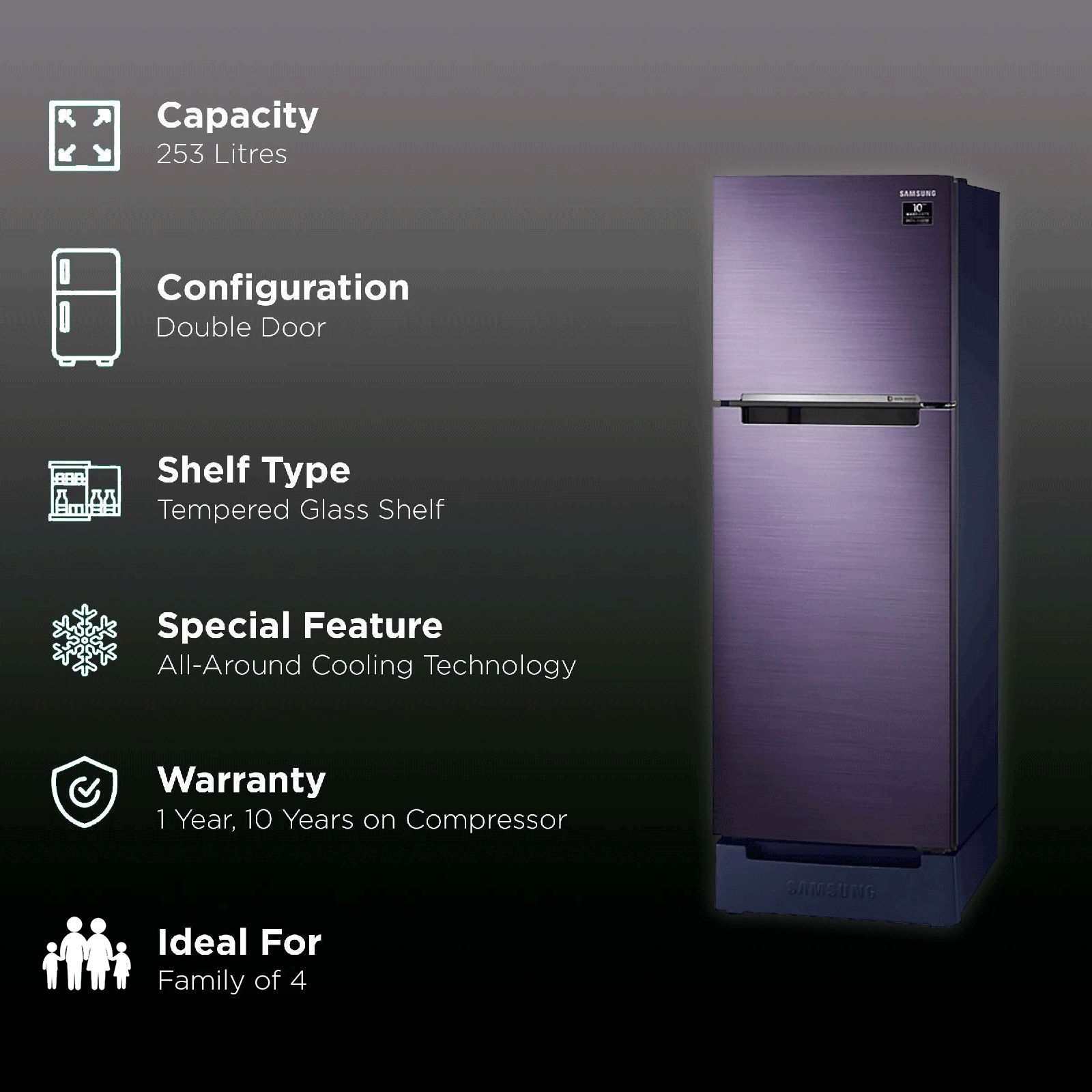 SAMSUNG 253 Litres 2 Star Frost Free Double Door Refrigerator with Base Stand Drawer (RT28T3122UT/HL, Pebble Blue)_2