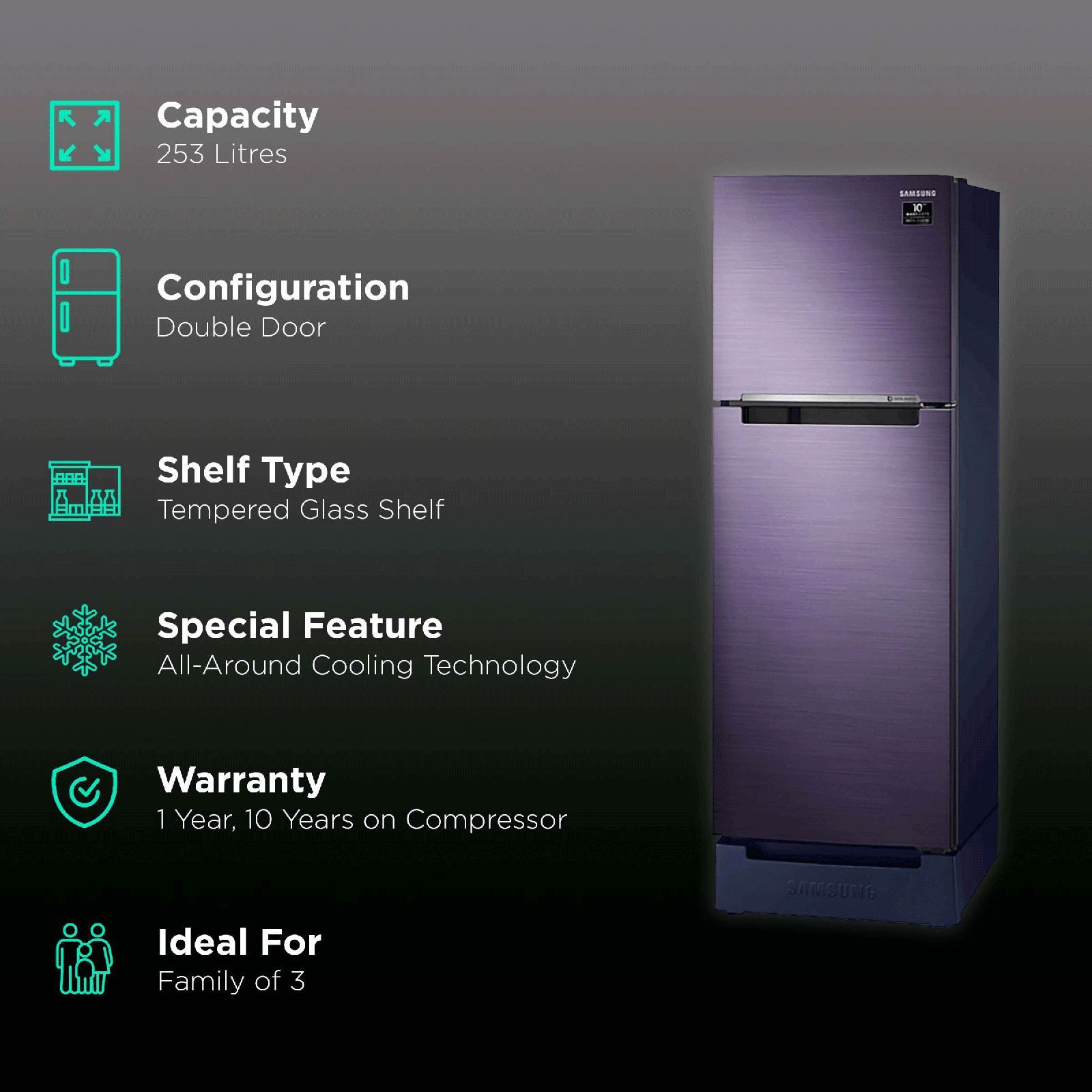 SAMSUNG 253 Litres 2 Star Frost Free Double Door Refrigerator with Base Stand Drawer (RT28T3122UT/HL, Pebble Blue)_2