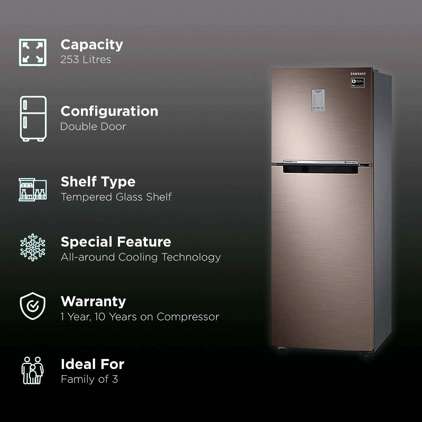 SAMSUNG 253 Litres 2 Star Frost Free Double Door Refrigerator with MoistFresh Zone (RT28T3722DX/HL, Luxe Brown)_2