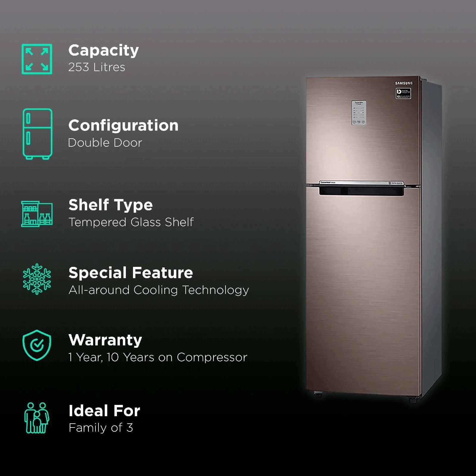 SAMSUNG 253 Litres 2 Star Frost Free Double Door Refrigerator with MoistFresh Zone (RT28T3722DX/HL, Luxe Brown) SAMSUNG 253 Litres 2 Star Frost Free Double Door Refrigerator with MoistFresh Zone (RT28T3722DX/HL, Luxe Brown)_2