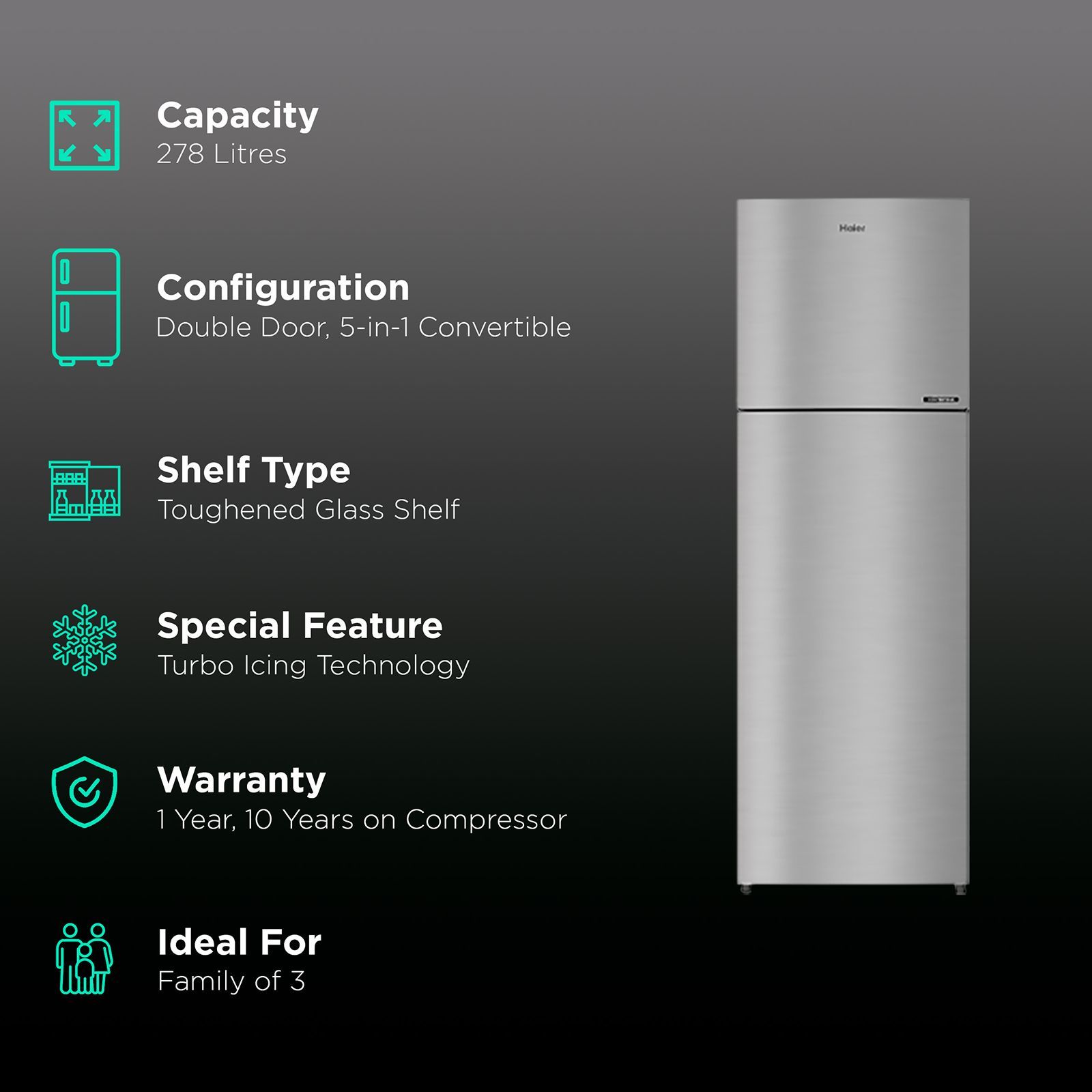 Haier 278 Litres 3 Star Frost Free Double Door Convertible Refrigerator with Turbo Cooling Technology (HRF-2984CIS-E, Inox Steel) Haier 278 Litres 3 Star Frost Free Double Door Convertible Refrigerator with Turbo Cooling Technology (HRF-2984CIS-E, Inox Steel)_2