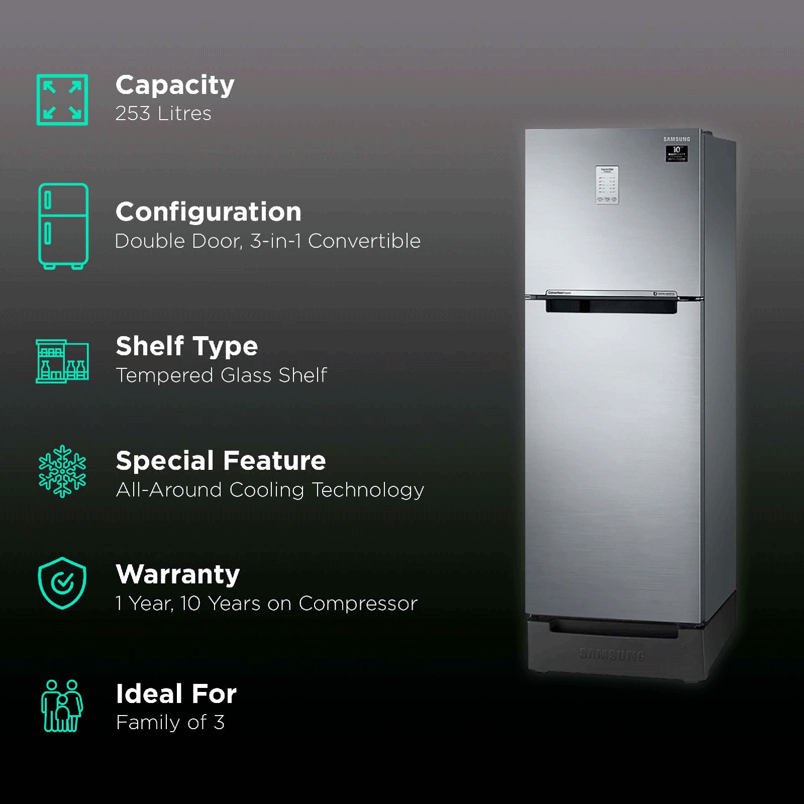 SAMSUNG 253 Litres 2 Star Frost Free Double Door Convertible Refrigerator with Base Stand Drawer (RT28T3822S8/HL, Elegant Inox)_2