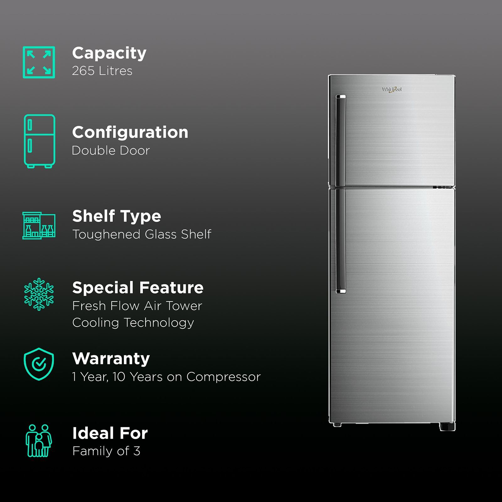 Whirlpool NeoFresh 265 Litres 2 Star Frost Free Double Door Refrigerator with 6th Sense DeepFreeze Technology (NEO 278LH PRM, Chromium Steel)_2