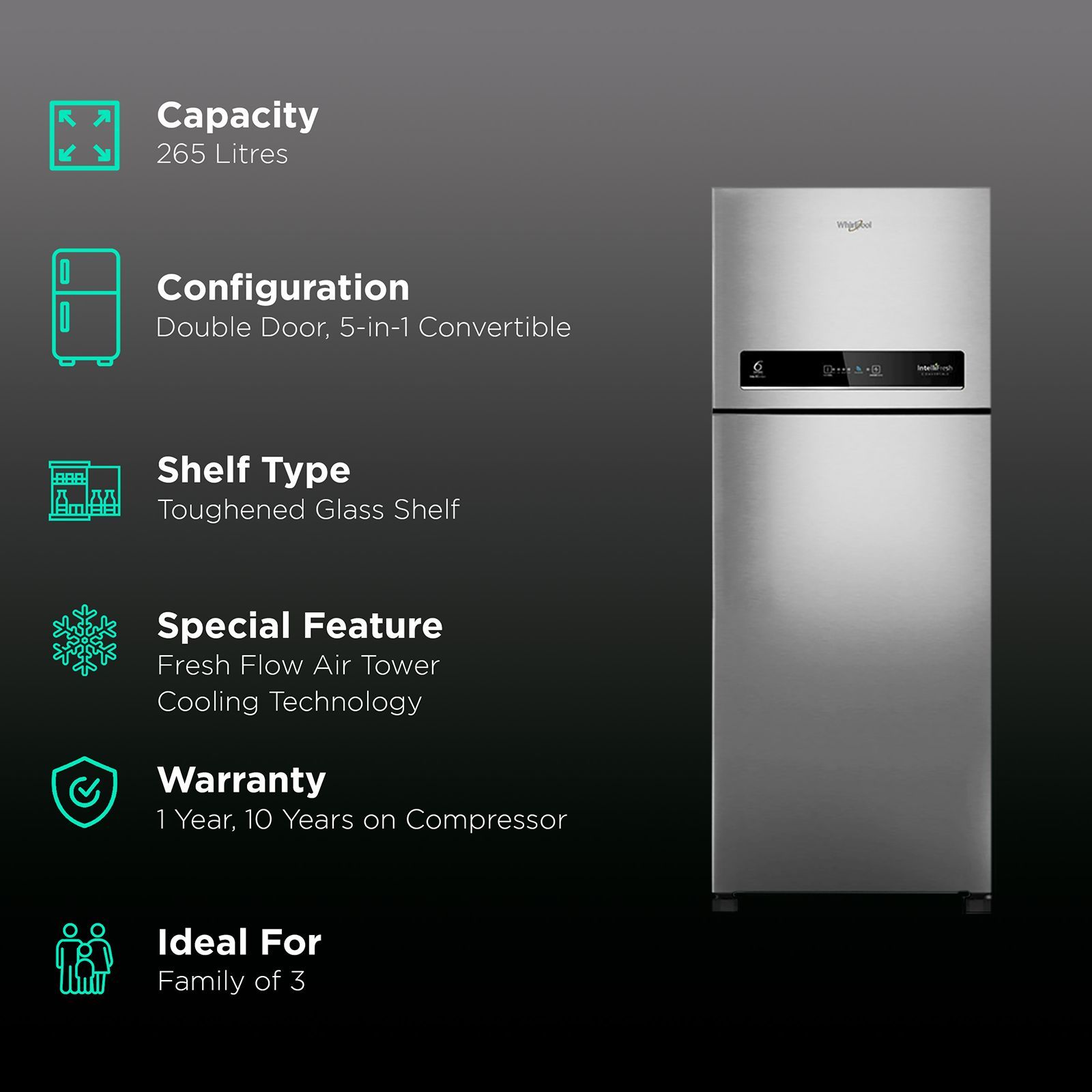 Whirlpool 265 Litres 2 Star Frost Free Double Door Convertible Refrigerator with Adaptive Intelligence Technology (IF CNV 278, German Steel)_2