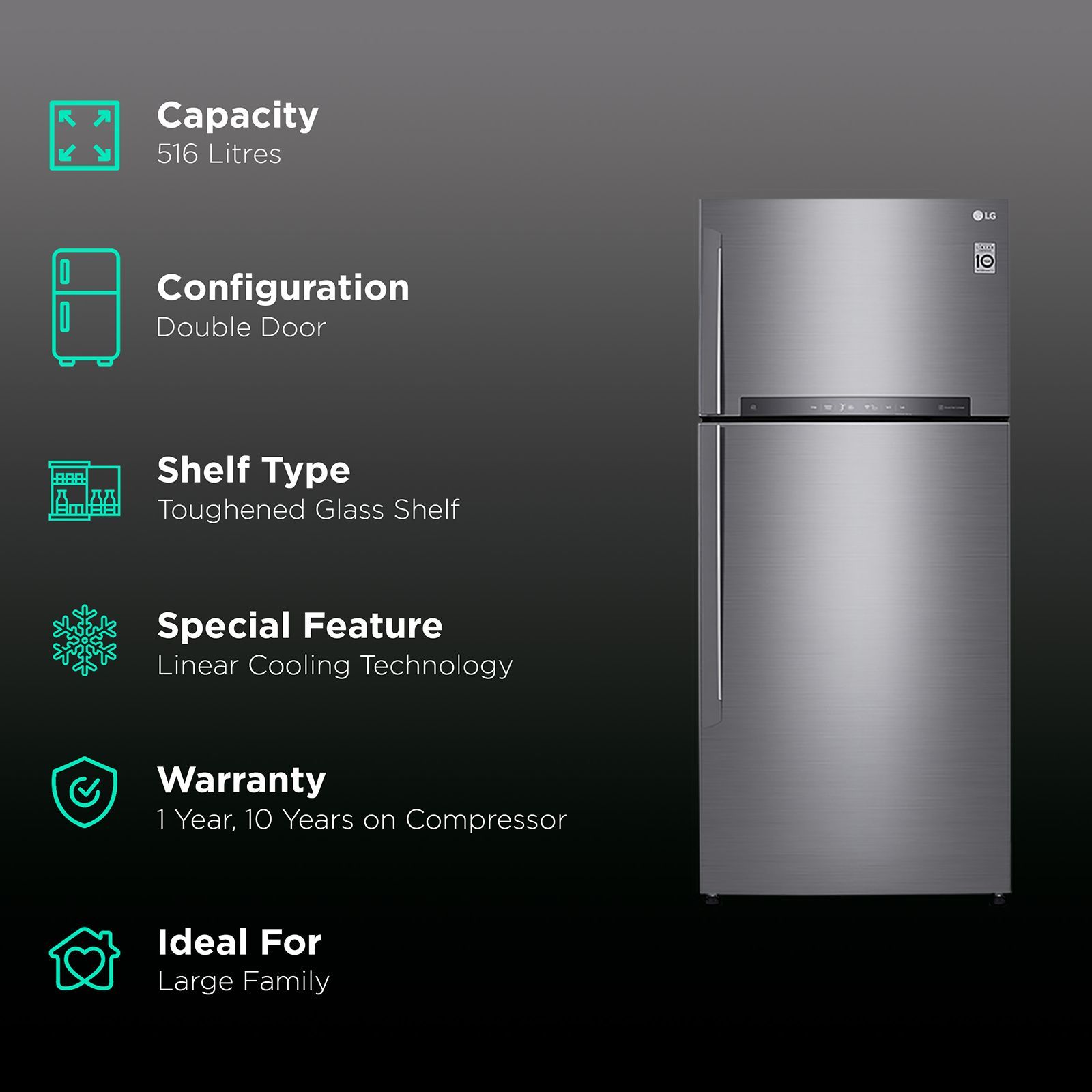 LG 516 Litres 3 Star Frost Free Double Door Smart Wi-Fi Enabled Refrigerator with Smart Diagnosis (GN-H602HLHQ.APZQEB, Platinum Silver III) LG 516 Litres 3 Star Frost Free Double Door Smart Wi-Fi Enabled Refrigerator with Smart Diagnosis (GN-H602HLHQ.APZQEB, Platinum Silver III)_2