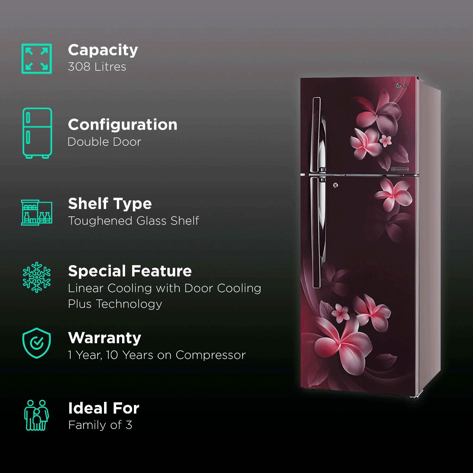 LG 308 Litres 3 Star Frost Free Double Door Convertible Refrigerator with Stabilizer Free Operation (GL-T322RSPN.BSPZEB, Scarlet Plumeria)_2