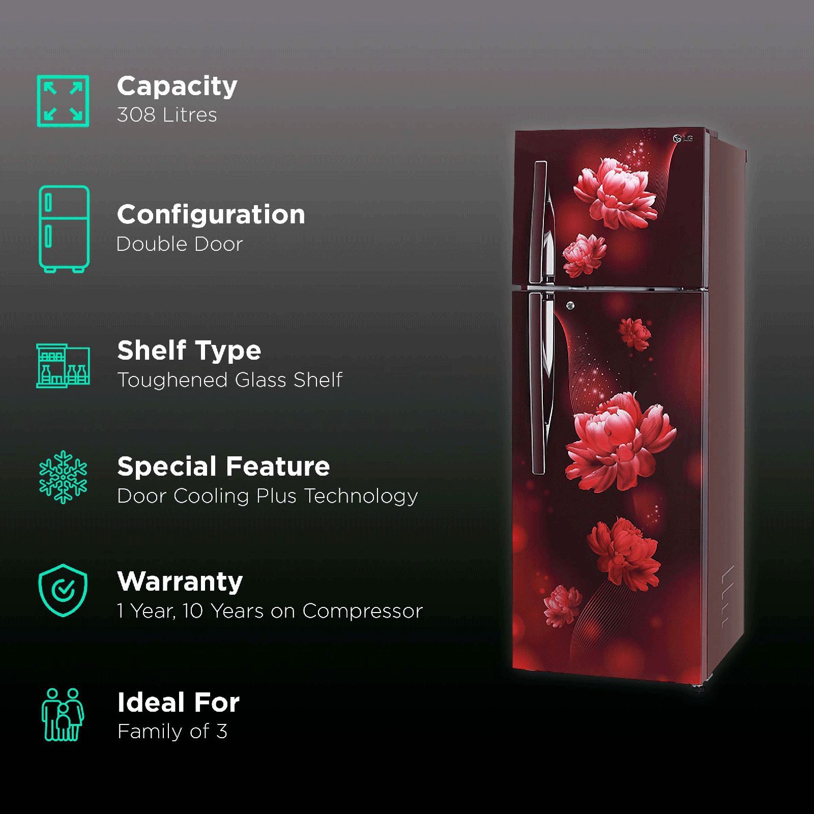 LG 288 Litres 2 Star Frost Free Double Door Convertible Refrigerator with Multi Air Flow System (GL-T322RSCY.ASCZEB, Scarlet Charm)_2