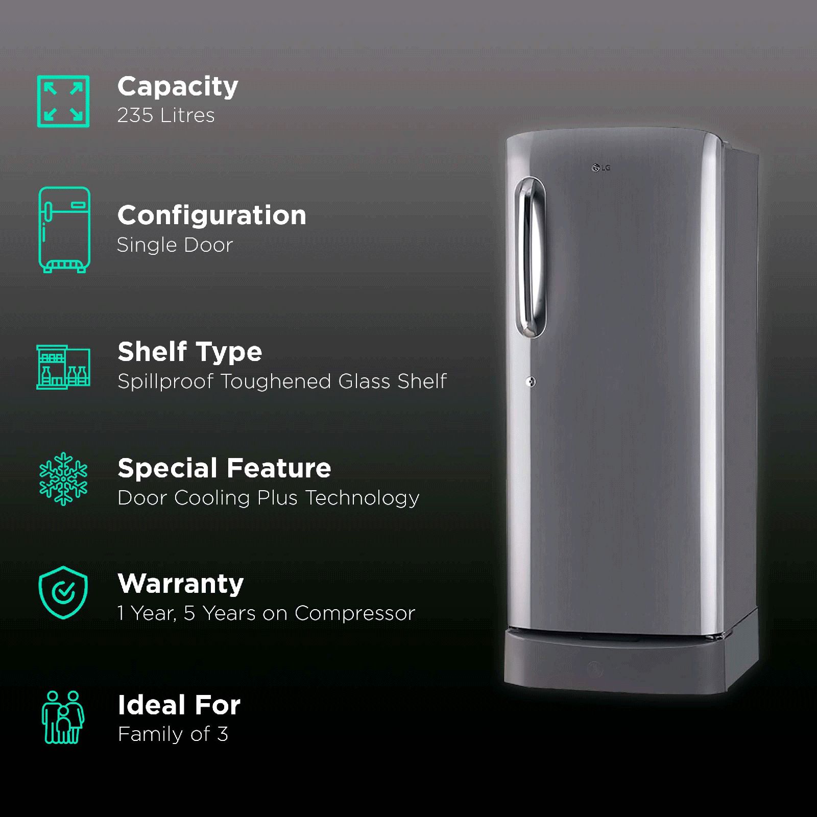 LG 235 Litres 3 Star Direct Cool Single Door Refrigerator with Stabilizer Free Operation (GL-D241APZD.DPZZEB, Shiny Steel)_2