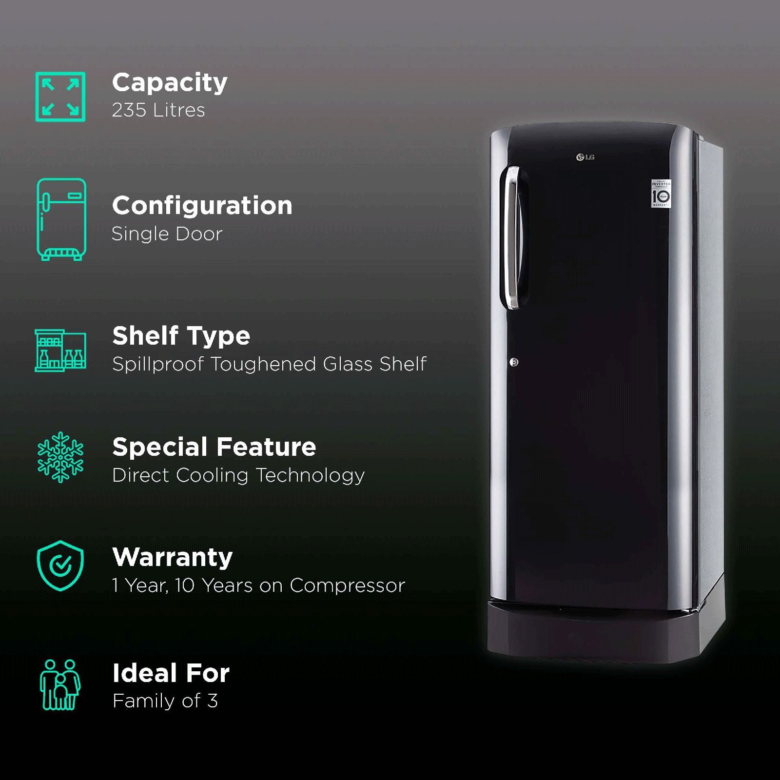 LG 235 Litres 4 Star Direct Cool Single Door Refrigerator with Stabilizer Free Operation (GL-D241AESY.DESZEB, Ebony Sheen) LG 235 Litres 4 Star Direct Cool Single Door Refrigerator with Stabilizer Free Operation (GL-D241AESY.DESZEB, Ebony Sheen)_2