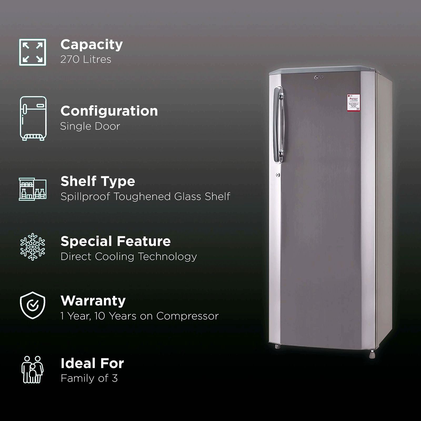 LG 261 Litres 3 Star Direct Cool Single Door Refrigerator with Stabilizer Free Operation (GL-B281BPZX.DPZZEB, Shiny Steel)_2
